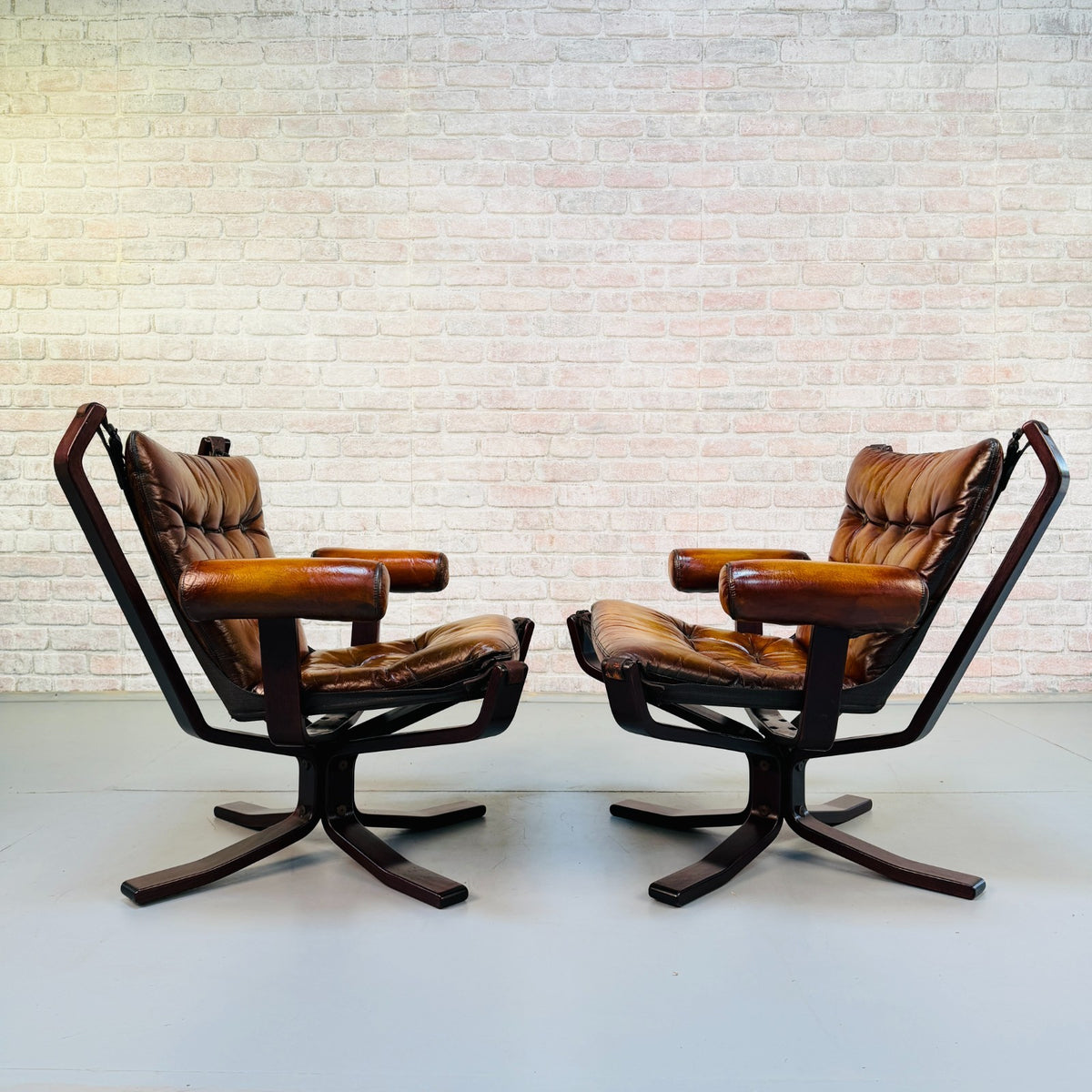 Pair Vintage 1970s Sigurd Ressel Falcon Chairs Tan Leather Norwegian Design