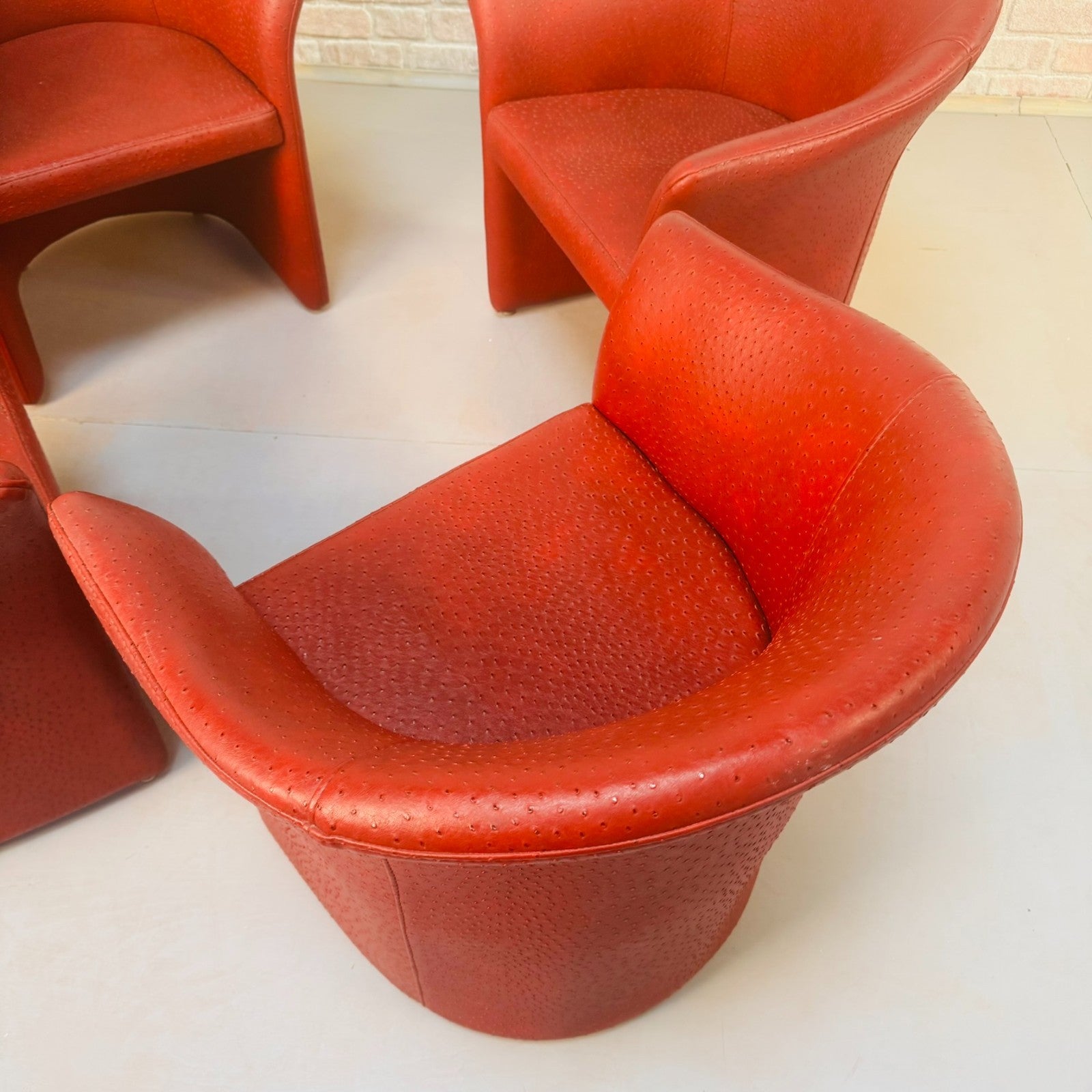 Set of Vintage Italian Red Faux Ostrich Leather Tub Chairs