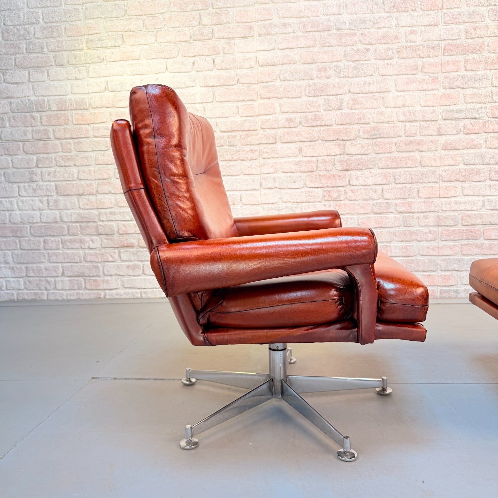 Pair 1970s Howard Keith His & Hers Cognac Leather Swivel Armchairs Vintage