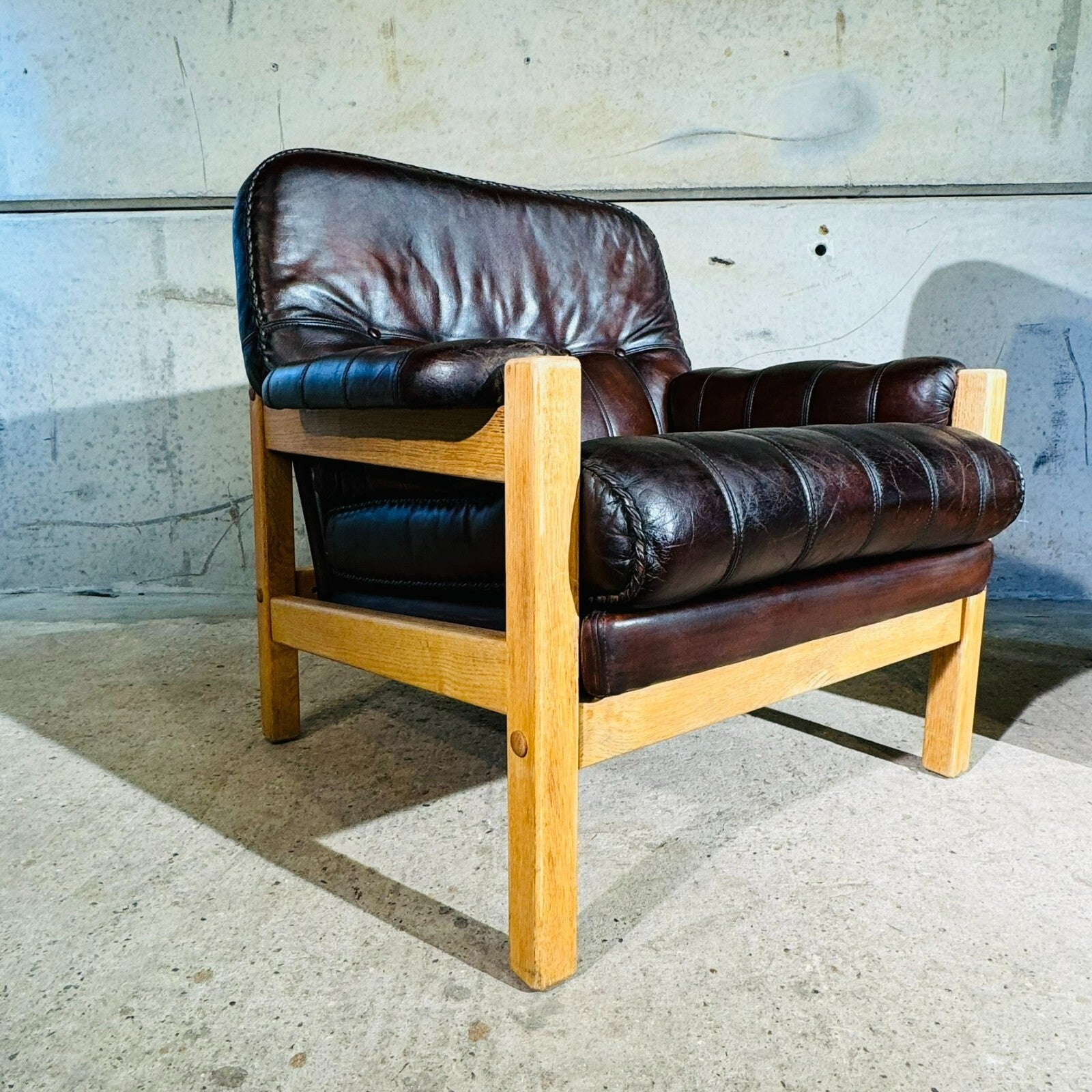 Vintage His and Hers Leather & Oak Swedish Chairs 1970s with Footstool