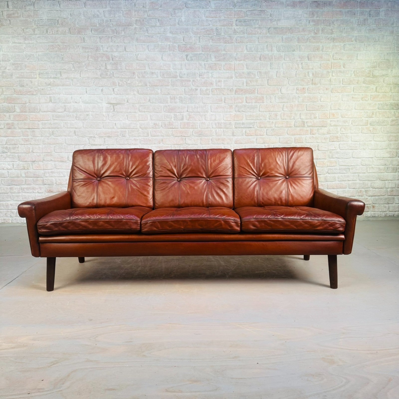 Vintage 1970s Svend Skipper Brown Leather Three-Seater Sofa