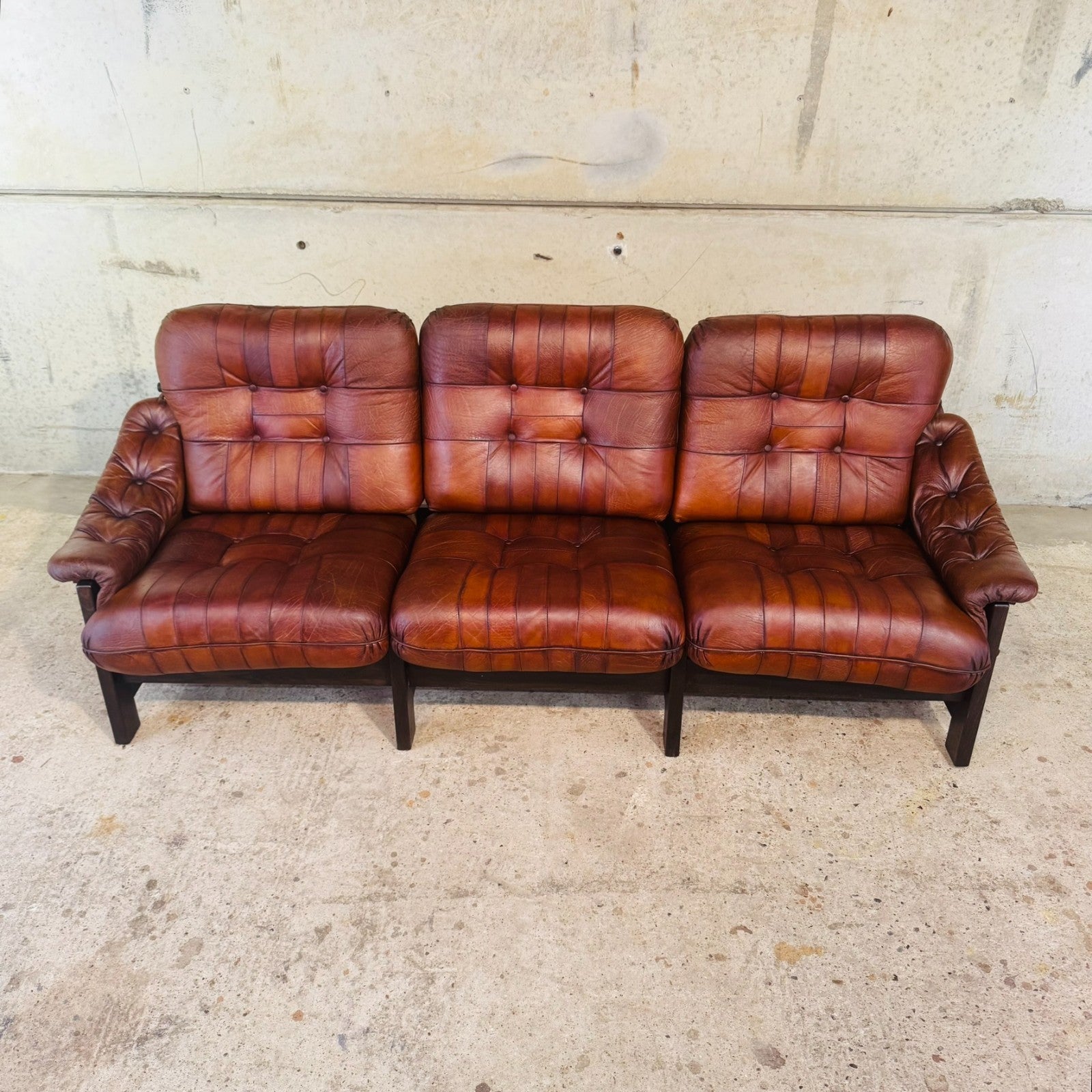 1970s Jean Gillon Brazilian Oak & Tan Leather Three-Seater Sofa