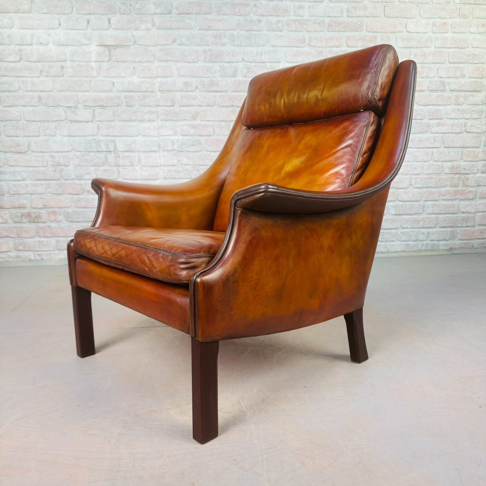 Vintage 1960s Aage Christiansen High Back Tan Leather Armchair