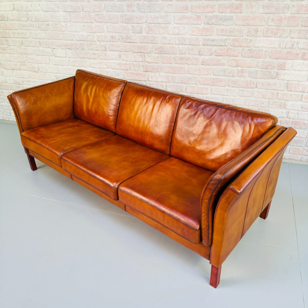 Vintage Danish Tan Leather 3 Seater Sofa – Hand Dyed Beautiful Patina