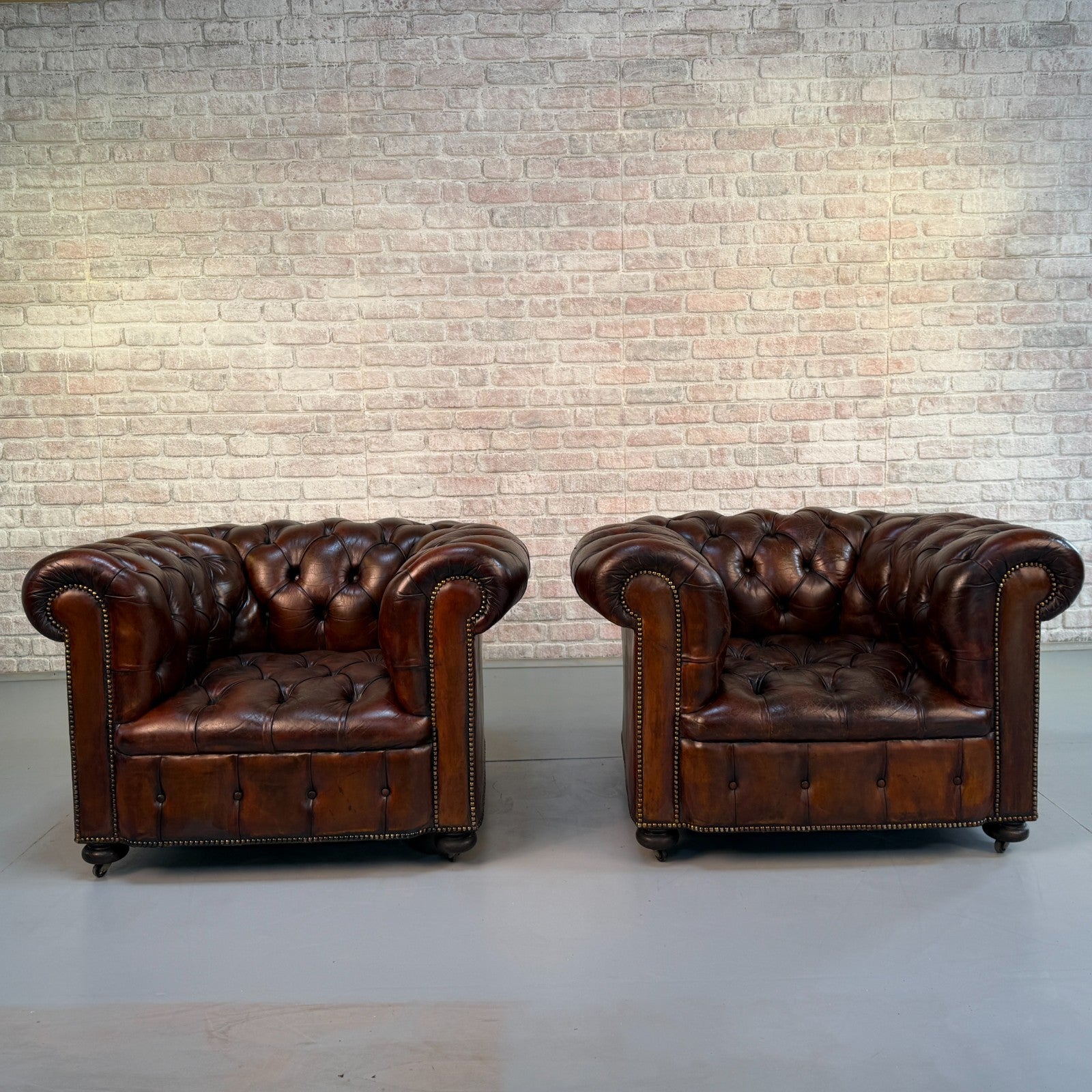 Vintage Pair of Chesterfield Dark Tan Leather Lounge Chairs – Circa 1950
