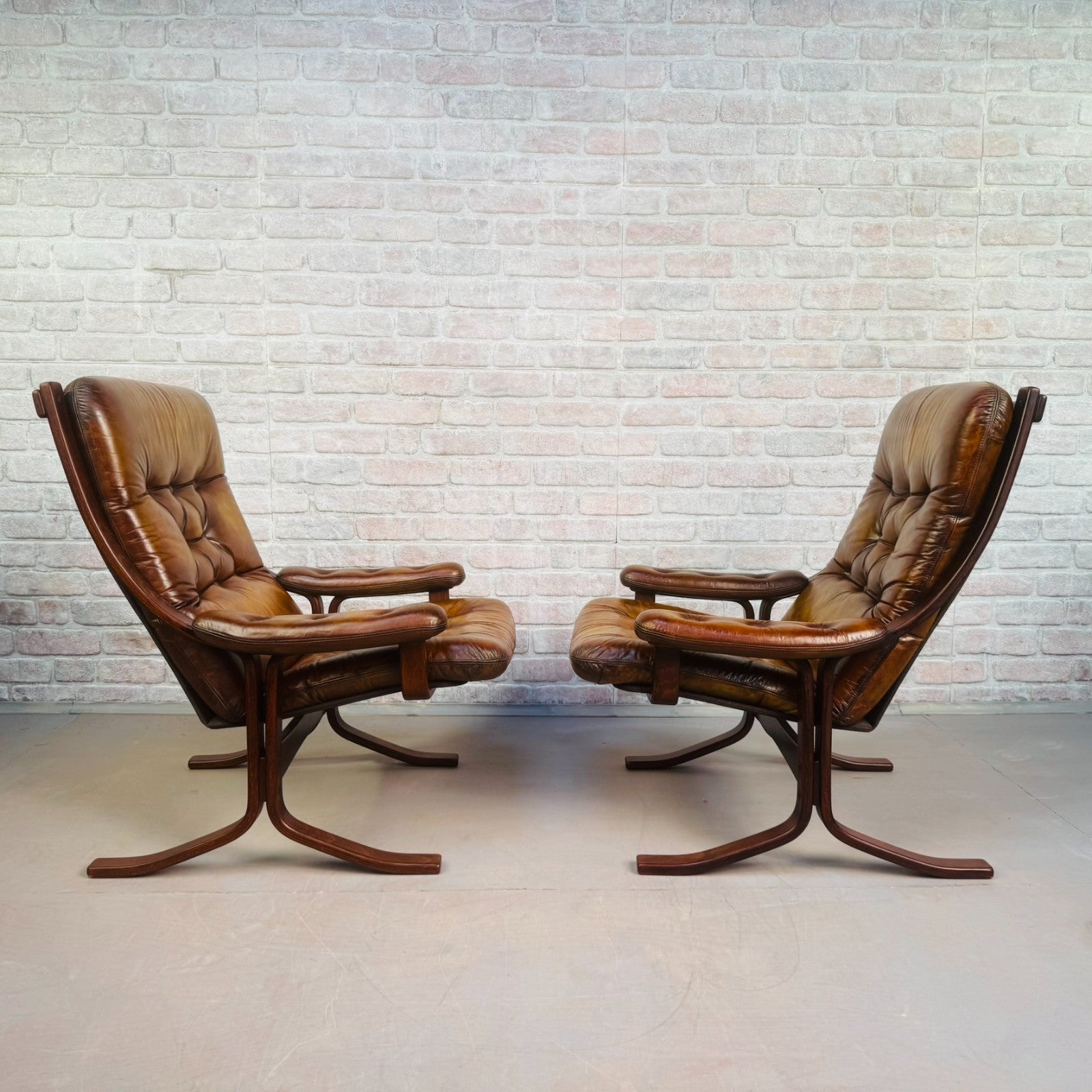 Pair of Vintage Danish Tan Leather Armchairs High Back Mid Century Chairs