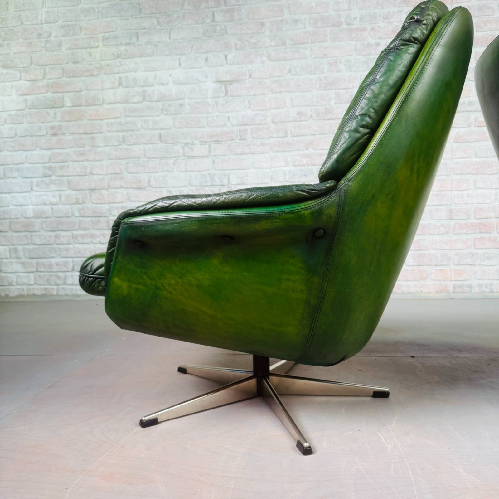 Pair of Vintage Danish Green Leather Swivel Chairs