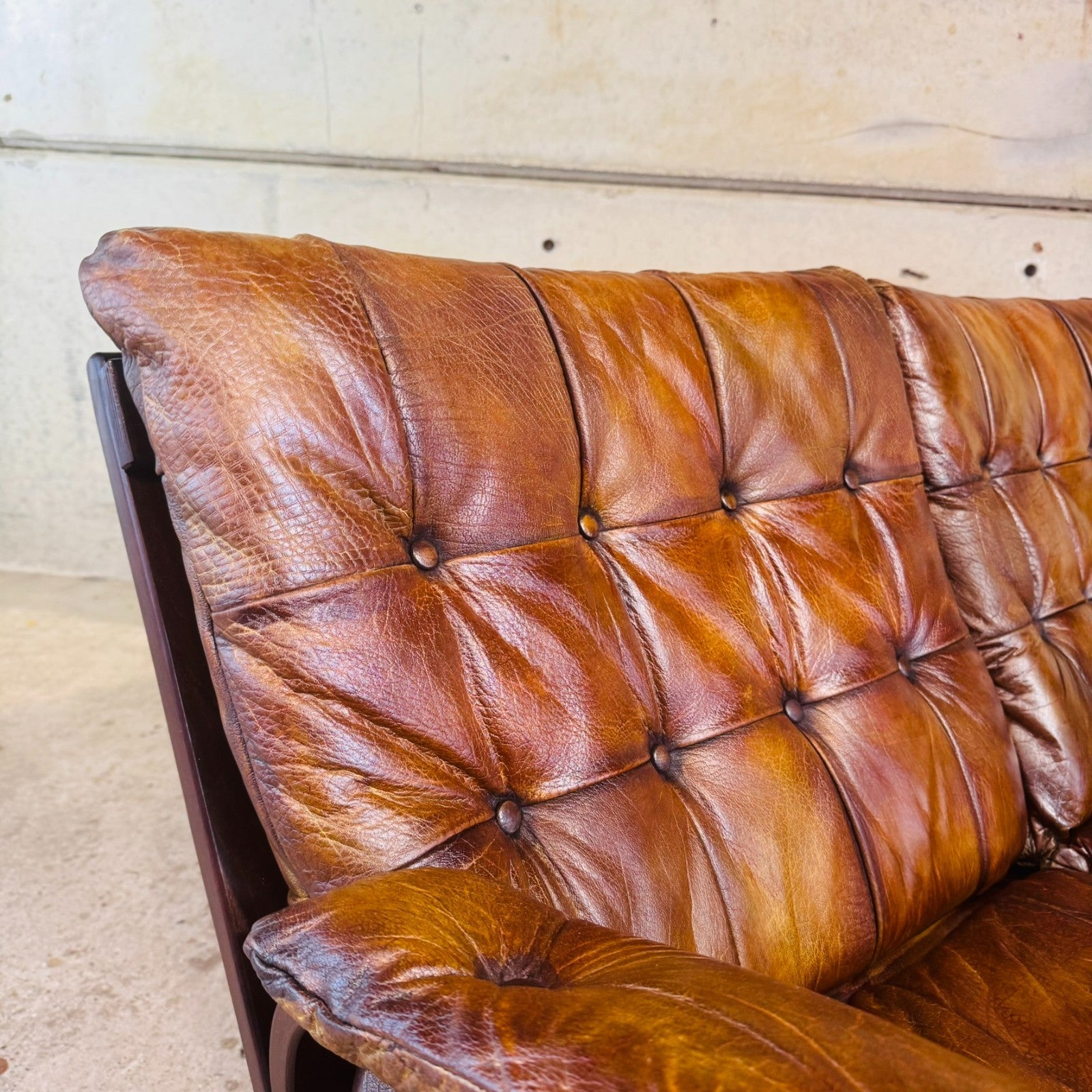 1970s Norwegian Tan Leather Three-Seater Sofa — Rustic Bentwood Frame