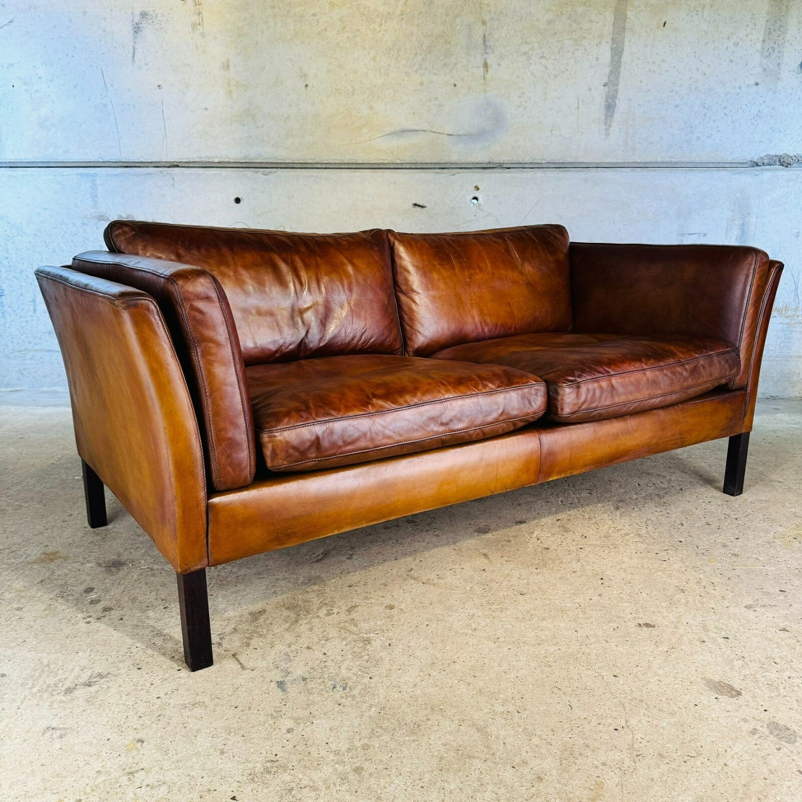 Vintage 1970s Stouby Tan Leather 2.5 Seater Sofa Børge Mogensen Style