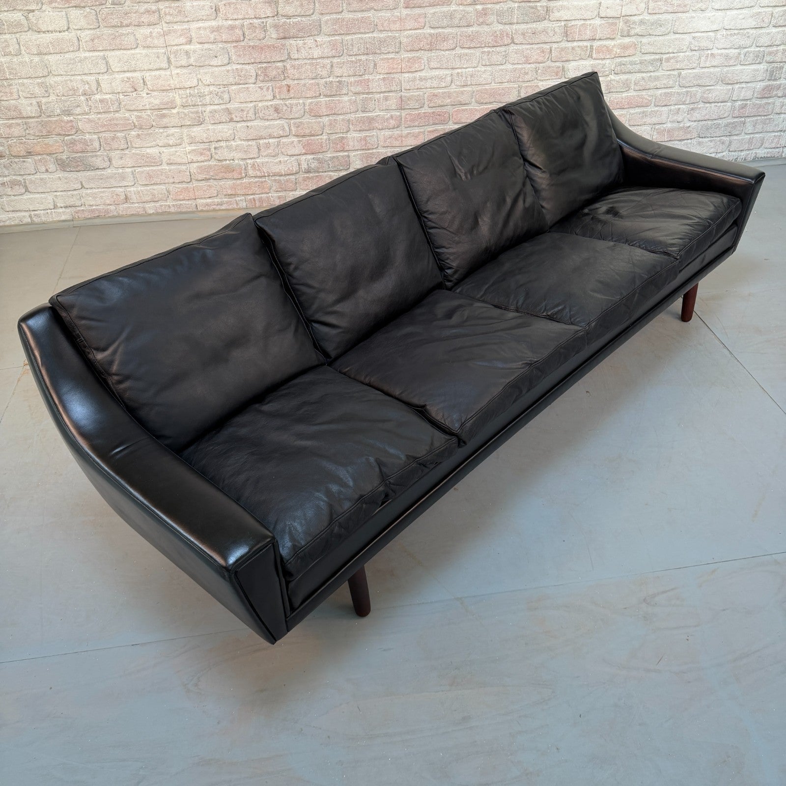 Vintage 1970s Danish George Thams Black Hand-Dyed Leather Four Seater Sofa