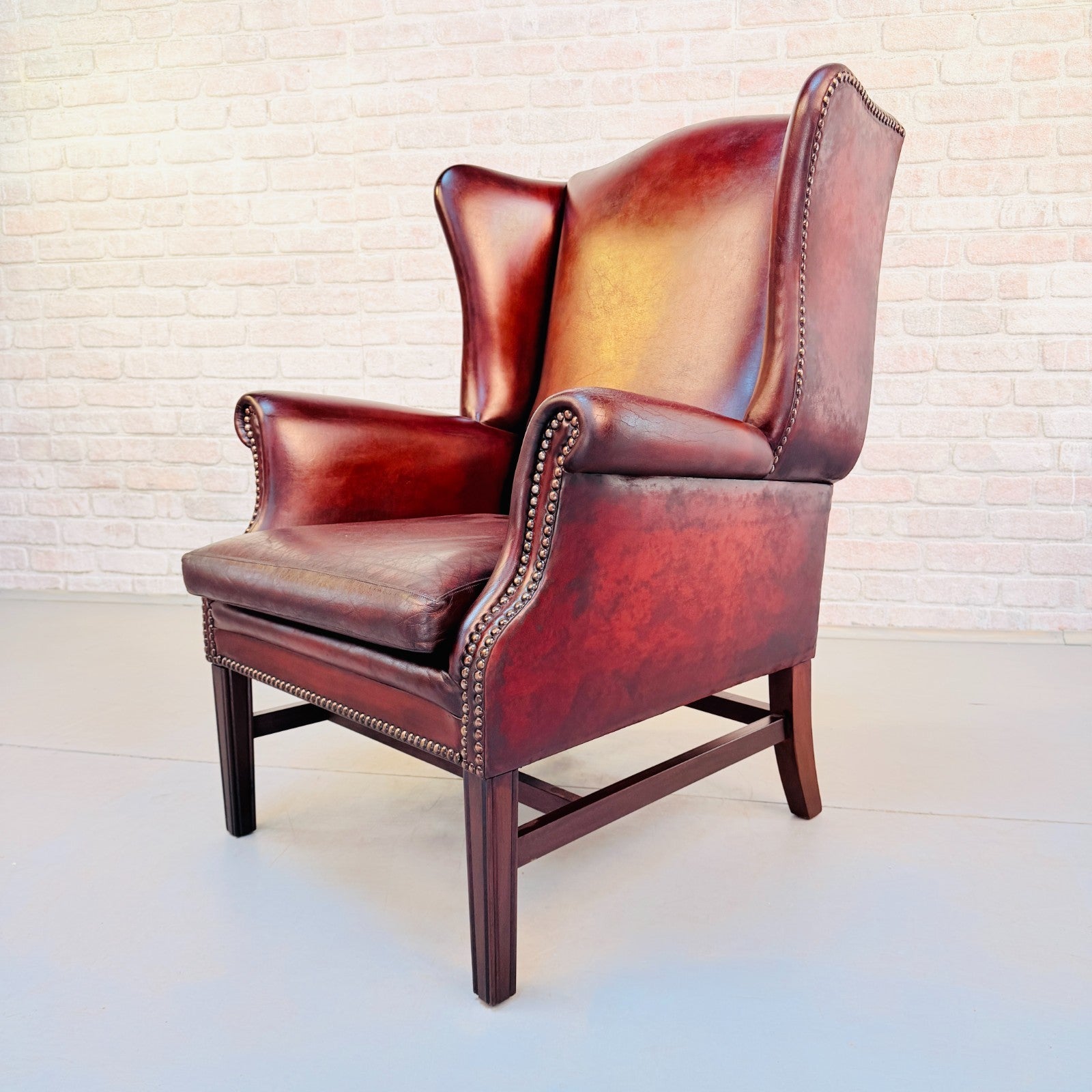 Vintage Danish Deep Red Leather Wingback Chair Hand Dyed Chestnut Patina