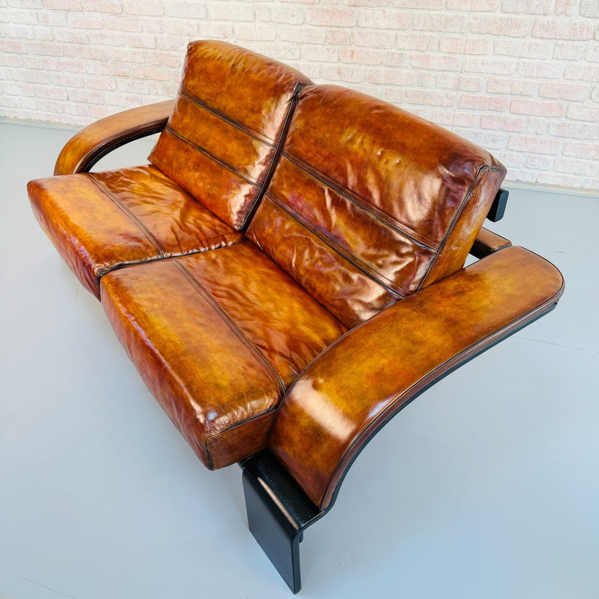 Vintage Ake Fribytter Kroken Tan Leather 2 Seater Sofa Nelo Sweden