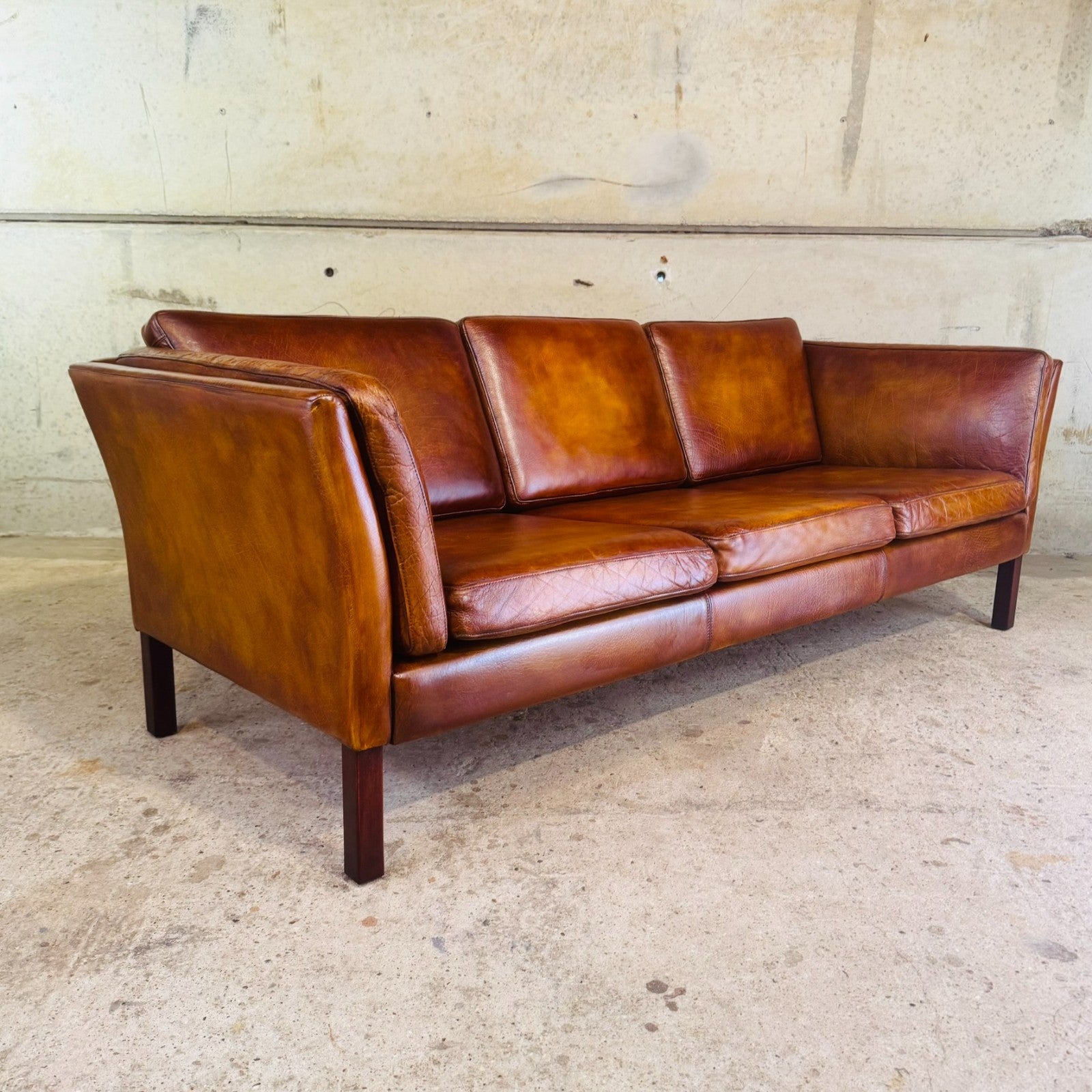 Danish Vintage Tan Leather 3 Seater Sofa — Sleek & Elegant