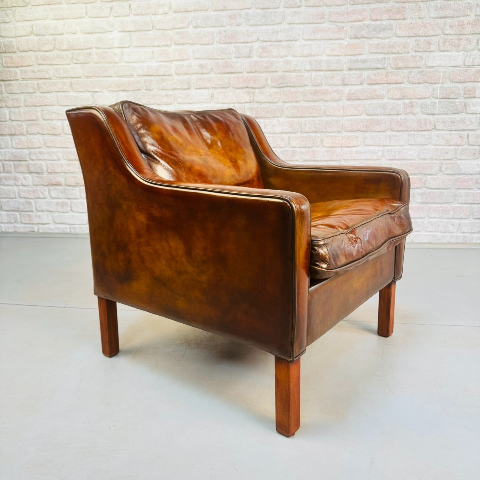 Vintage Danish Børge Mogensen Style Tan Leather Armchair & Footstool