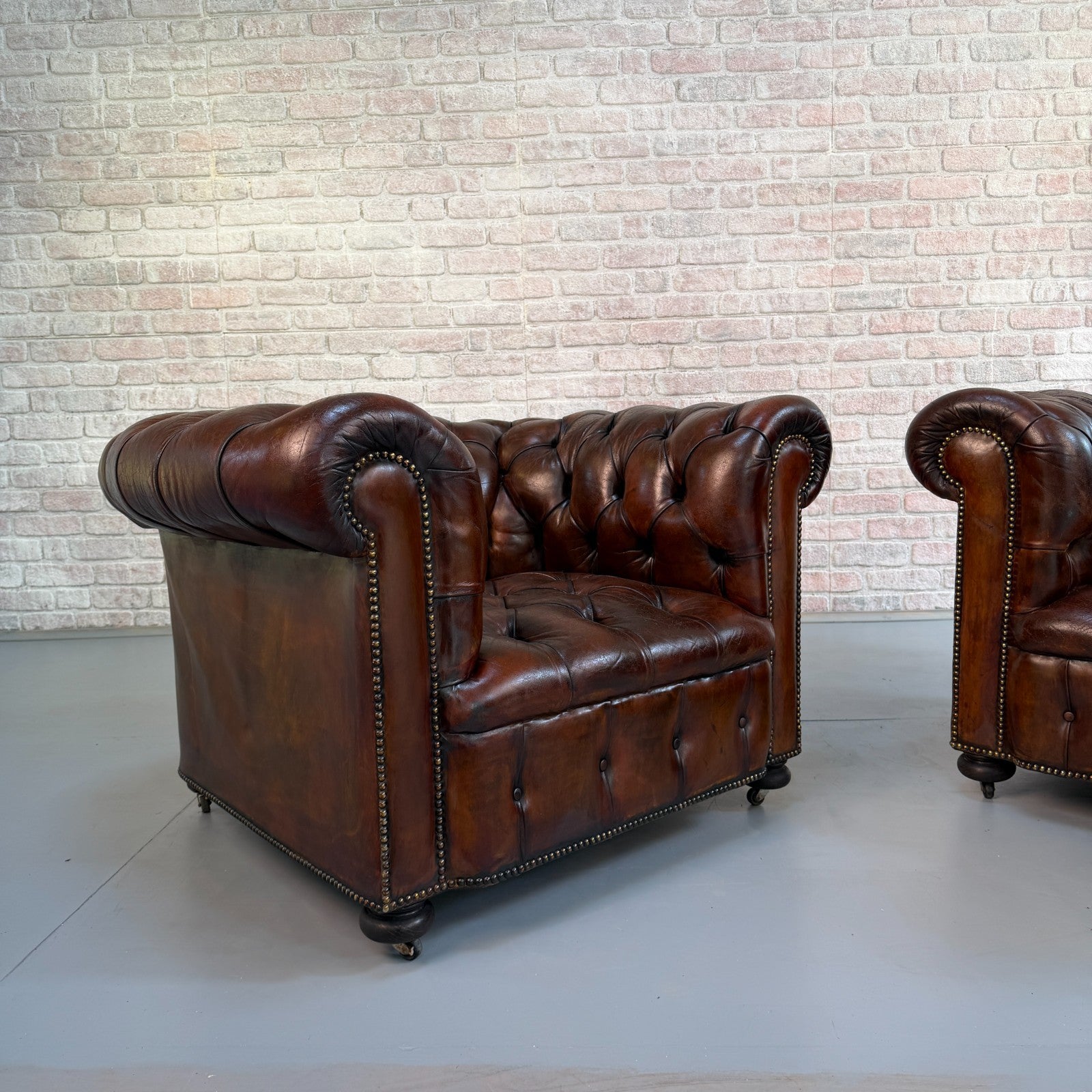 Vintage Pair of Chesterfield Dark Tan Leather Lounge Chairs – Circa 1950