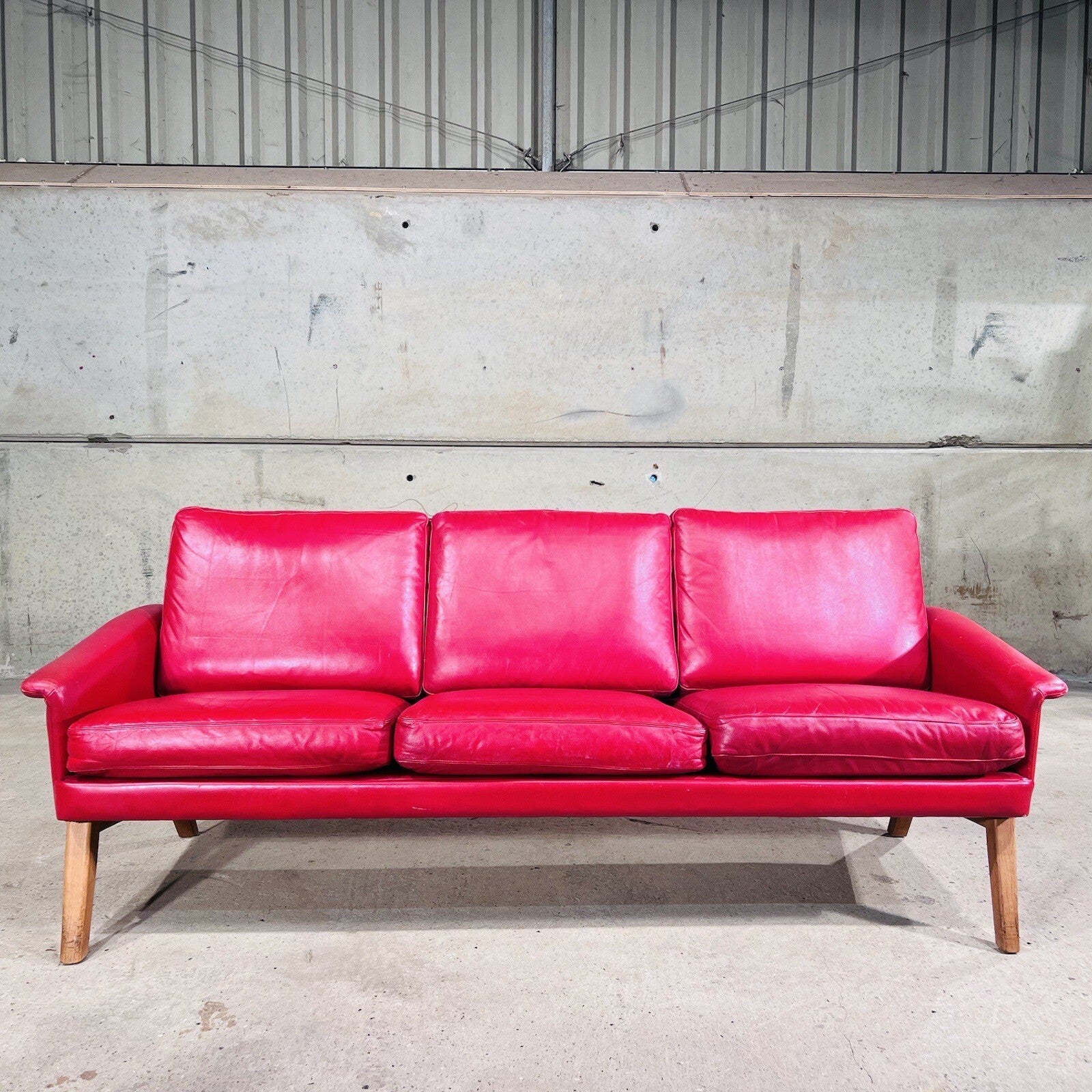Stylish Danish 1970 Vibrant Red Three seater Leather Sofa