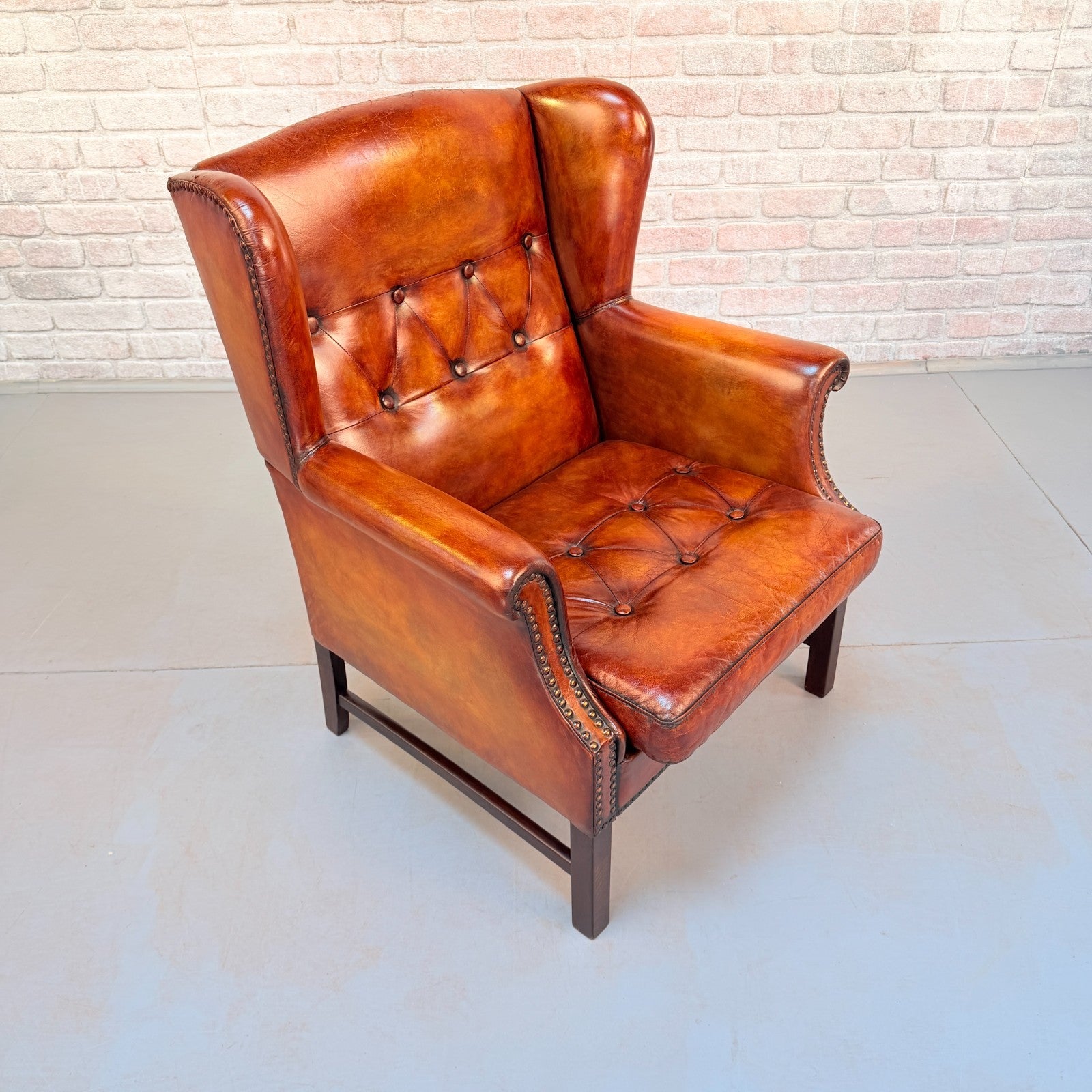 Vintage Danish Cognac Leather Wingback Armchair Hand Dyed Patina Chair