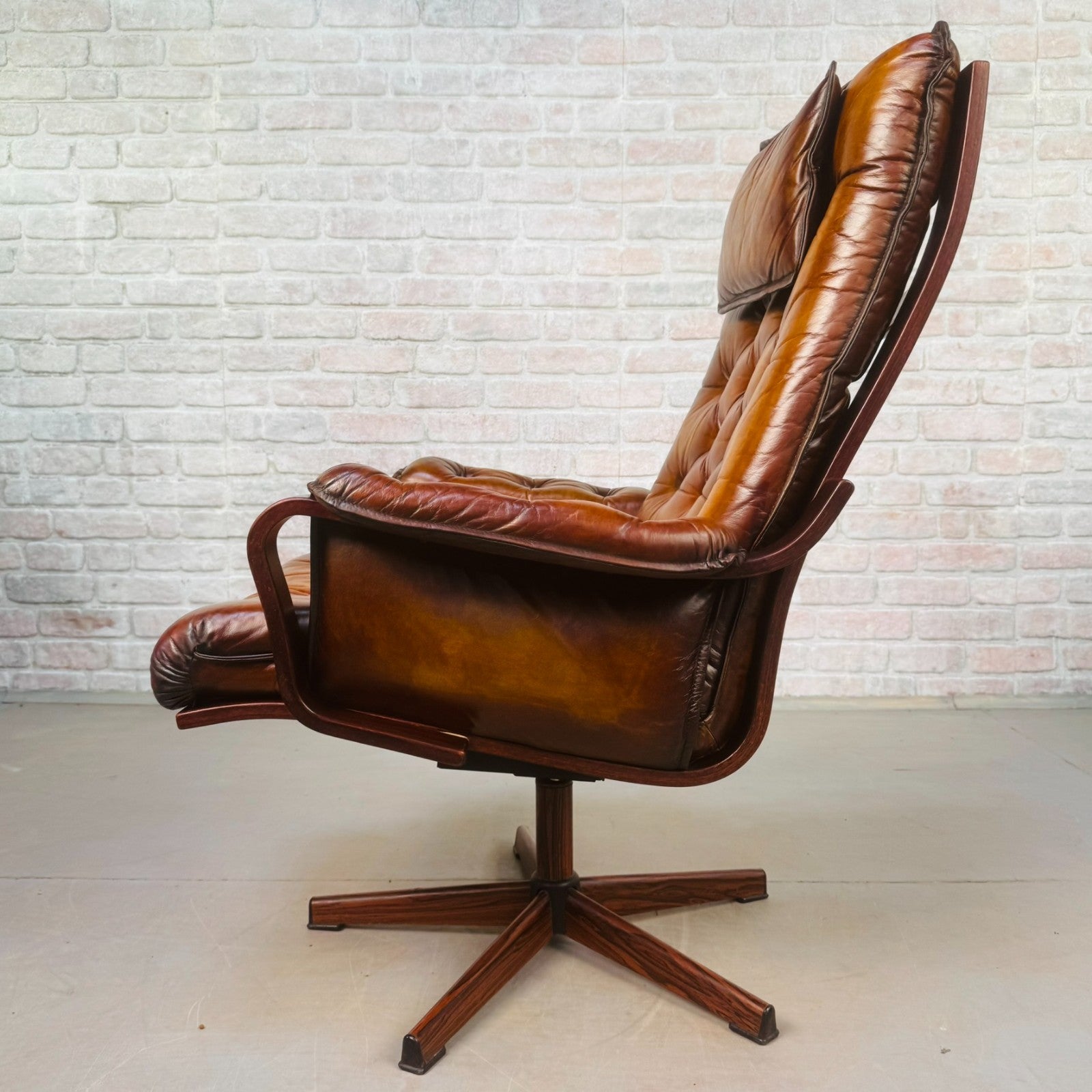 Vintage Scandinavian Tan Leather Swivel Chair