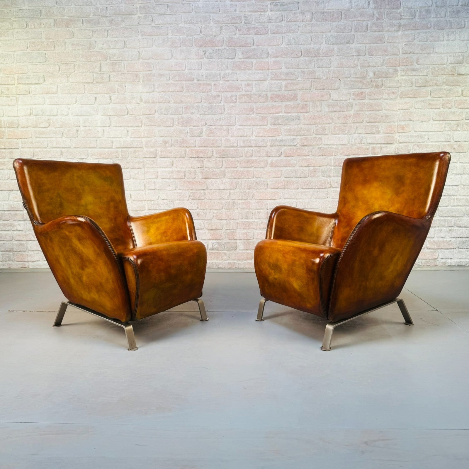 Contemporary Danish Hand Dyed Light Tan Leather Armchairs