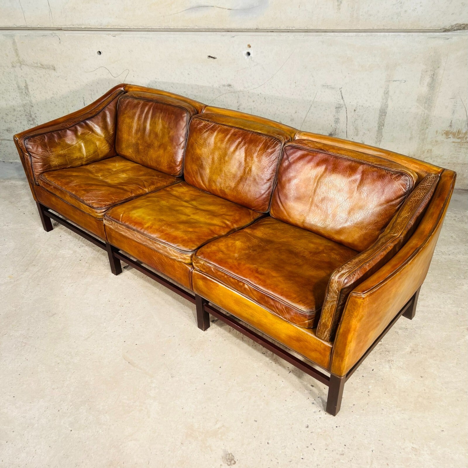 Vintage Erik Jorgensen 70s Danish Tan Three-Seater Leather Sofa
