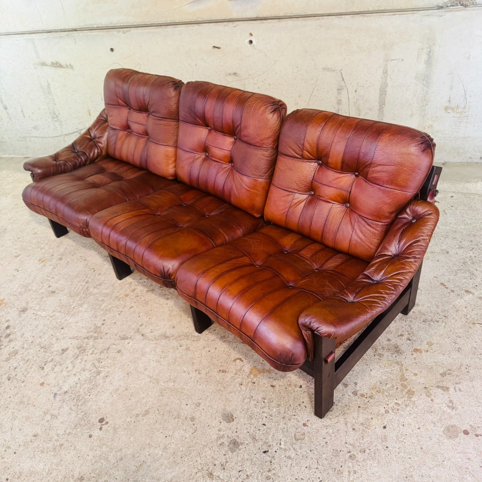 1970s Jean Gillon Brazilian Oak & Tan Leather Three-Seater Sofa