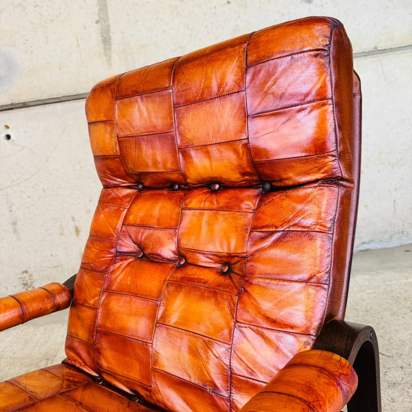 Pair of 1970s Danish Vintage Patchwork Tan Leather Bentwood Chairs