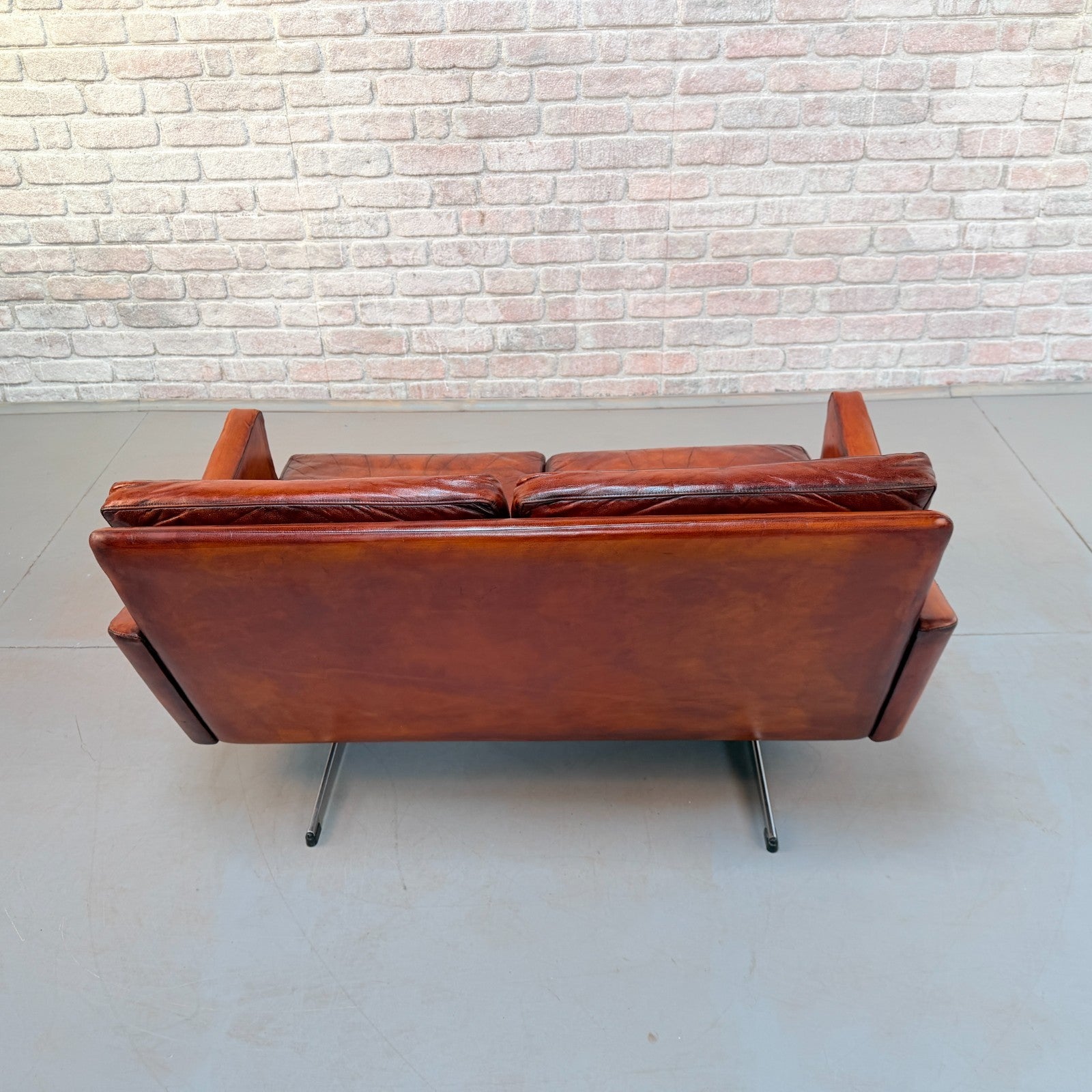 Vintage 1970s Danish Cognac Hand-Dyed Leather Two Seater Sofa