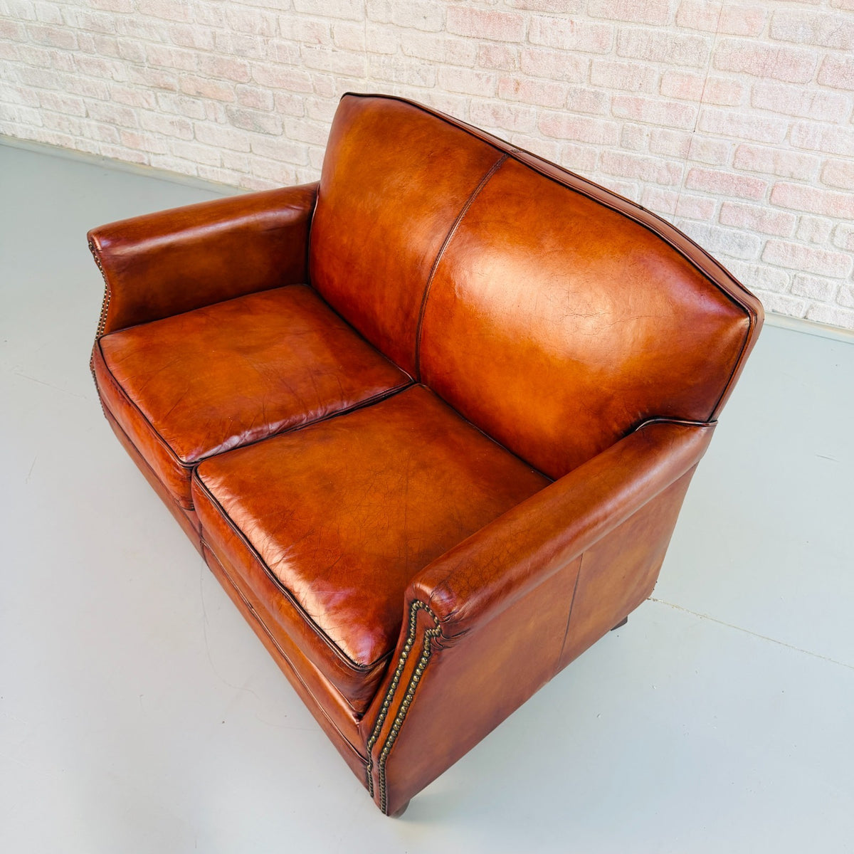 Vintage English Club Hand Dyed Cognac Tan Leather 2 Seater Sofa