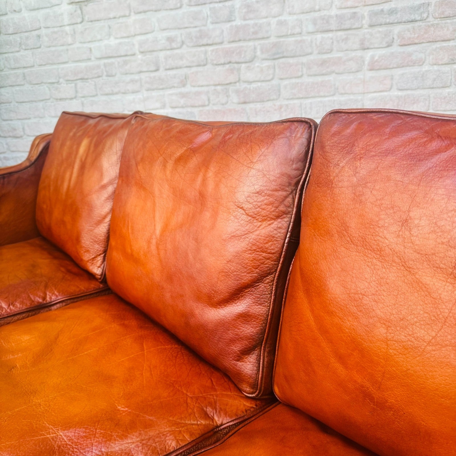 Vintage Danish Børge Mogensen Style Cognac Leather Three Seater Sofa