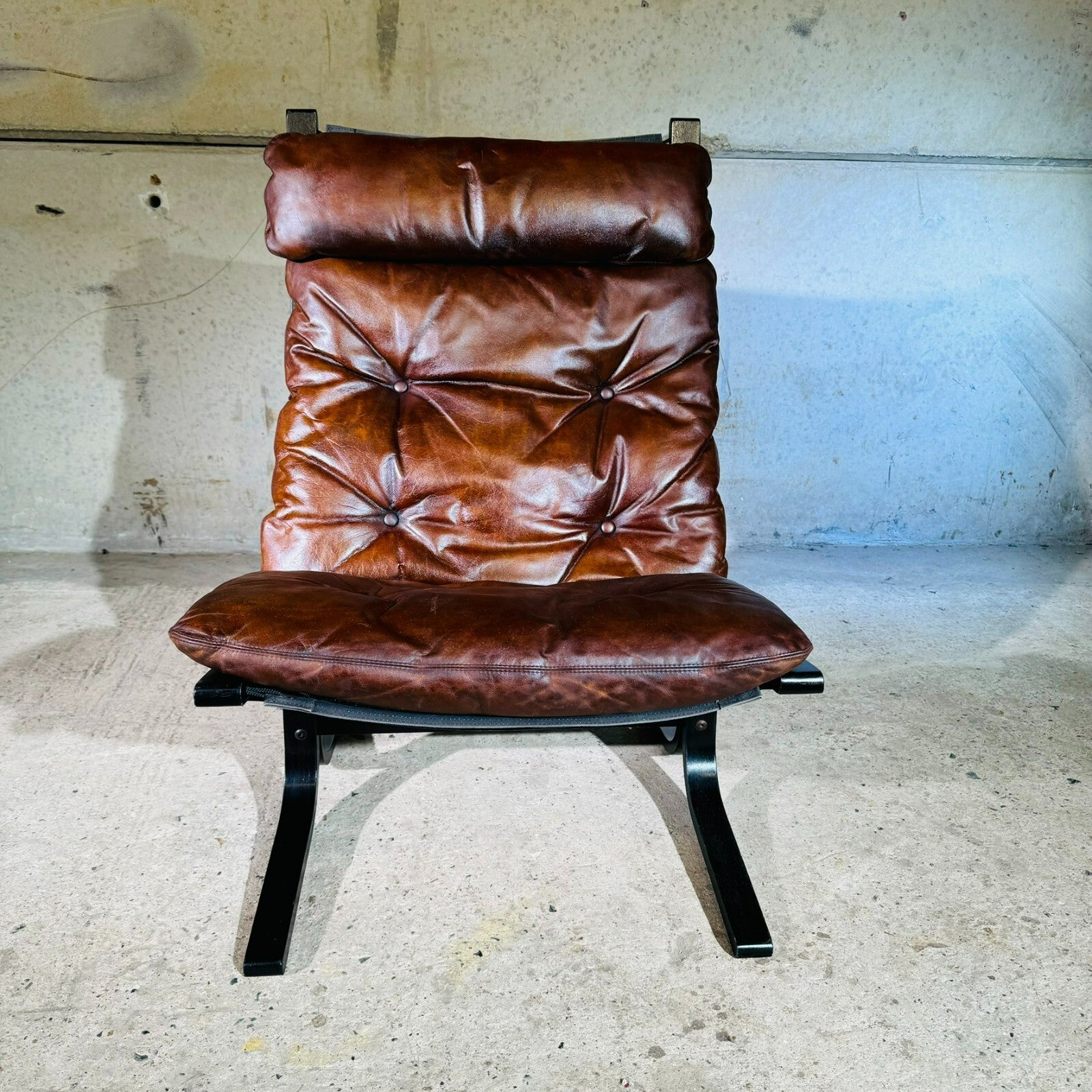 Vintage 1970s Westnofa Highback Tan Leather Chair & Footstool Ebonised Beech