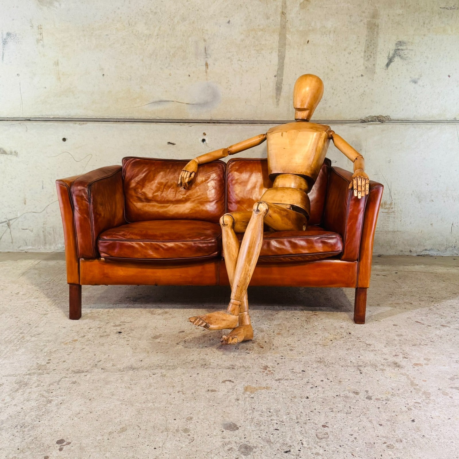 Danish Light Tan Leather 2 Seater Sofa — Elegant Lines