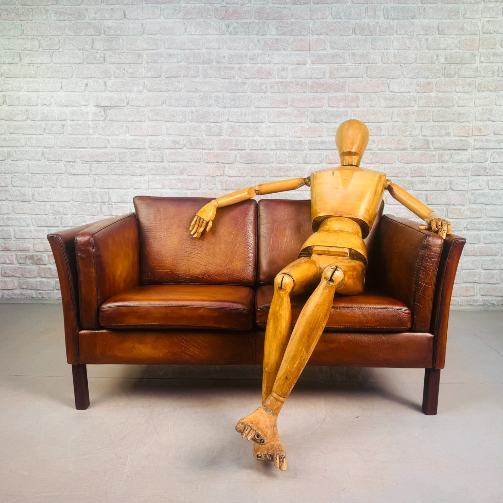 Vintage Danish Tan Leather 2 Seater Sofa Compact Mid Century Space Saver