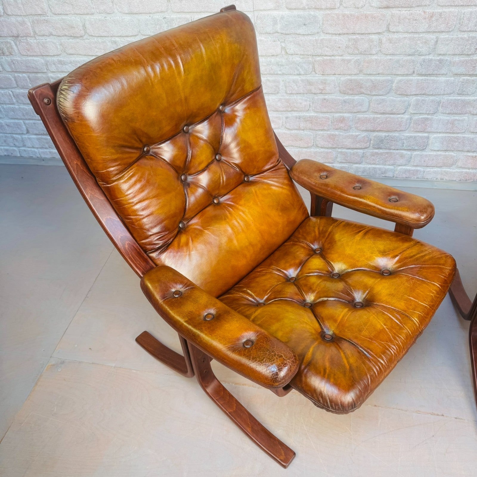 Pair of Vintage Danish Tan Leather Armchairs High Back Mid Century Chairs