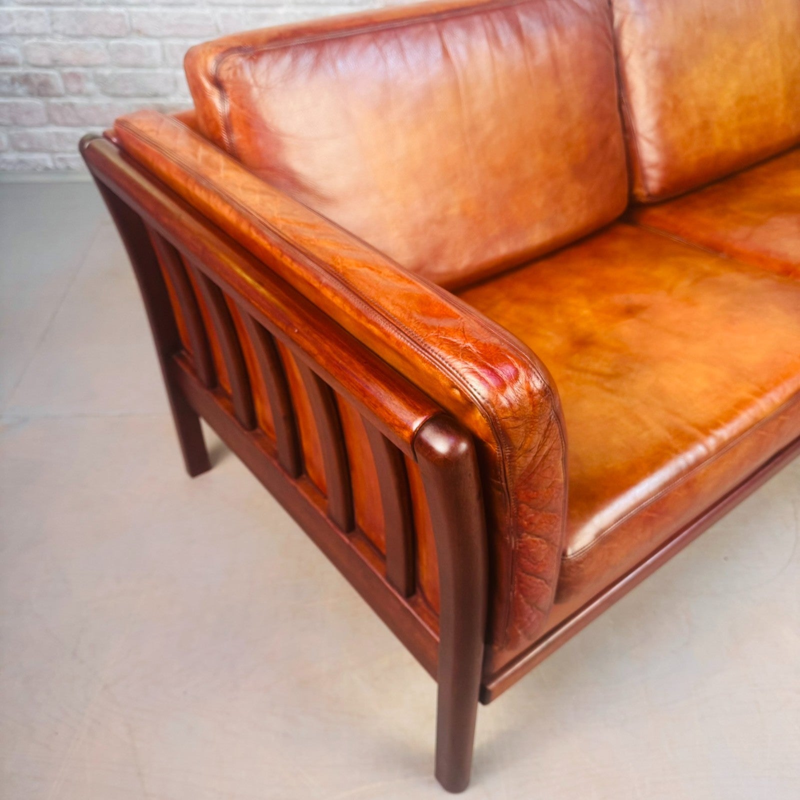 Vintage Danish 2.5 Seater Cognac Leather Sofa Beech Frame Mid Century