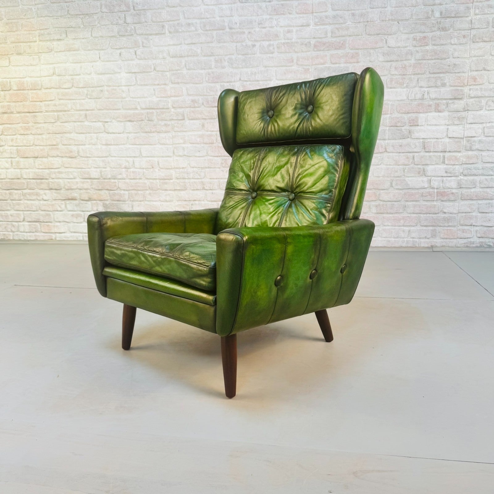 Vintage 1970s Svend Skippers High Back Green Leather Armchair