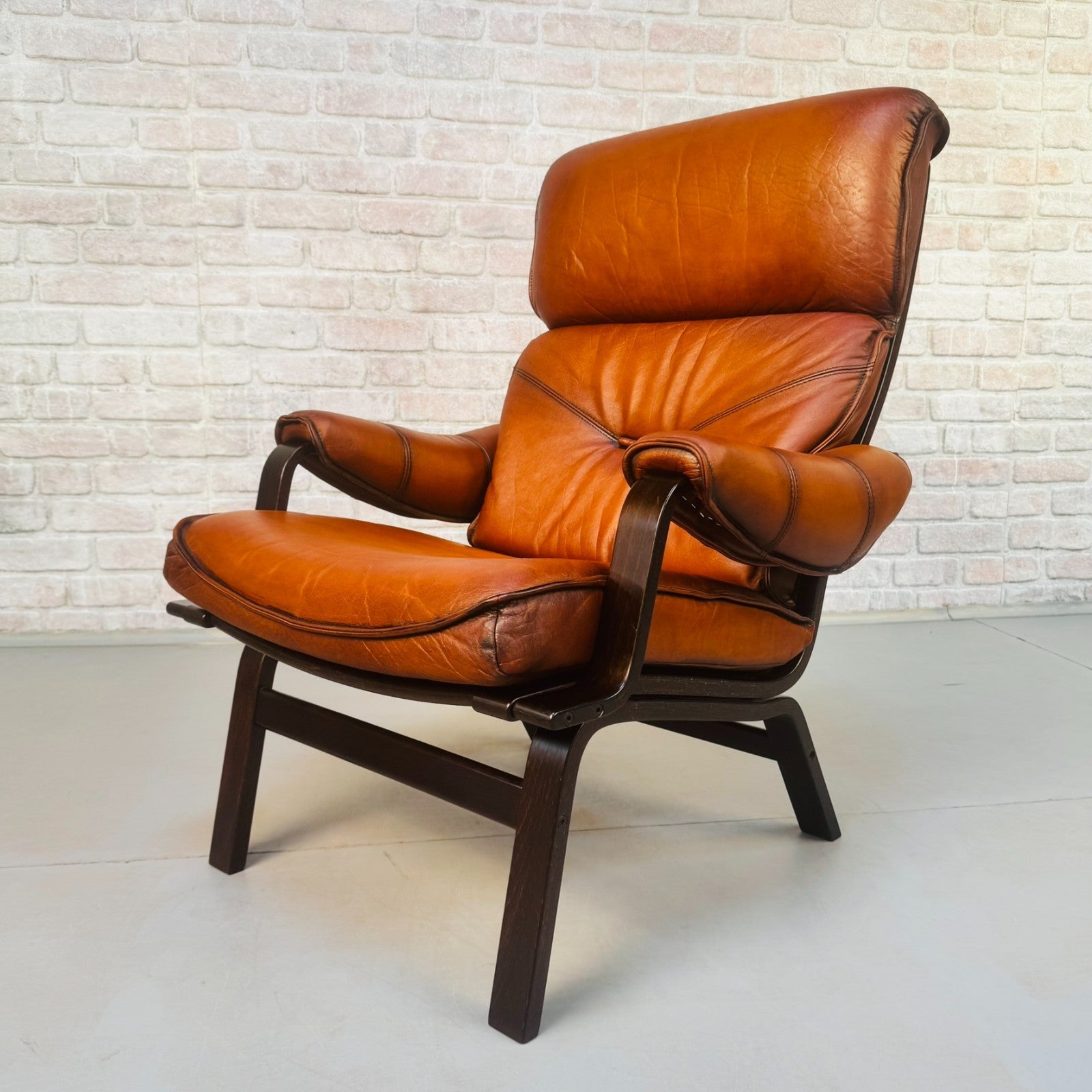 Vintage Danish High Back Armchair | Hand Dyed Tan Buffalo Leather | Beech Frame