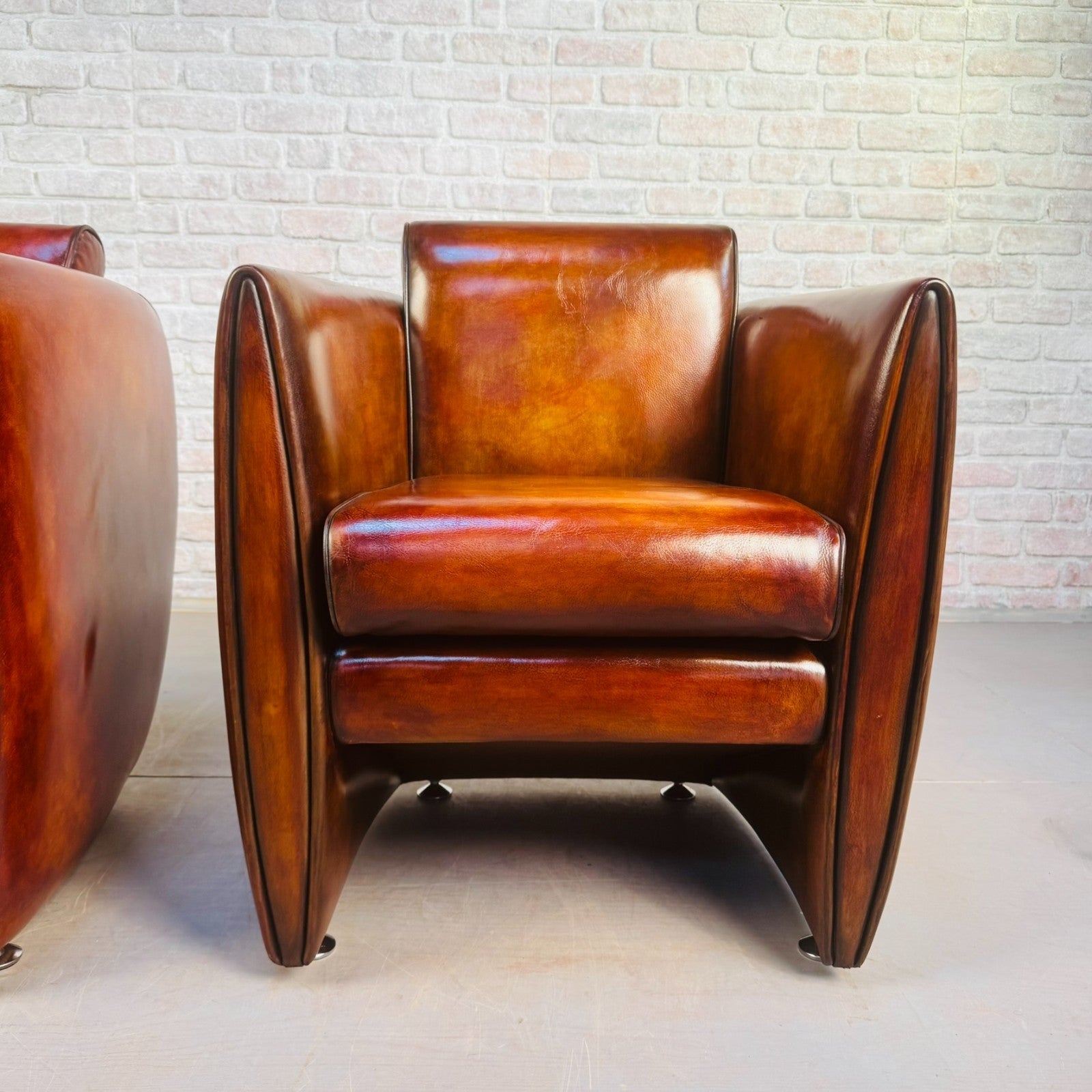Neat Pair of Contemporary Danish Tan Leather Armchairs – Compact, Comfortable