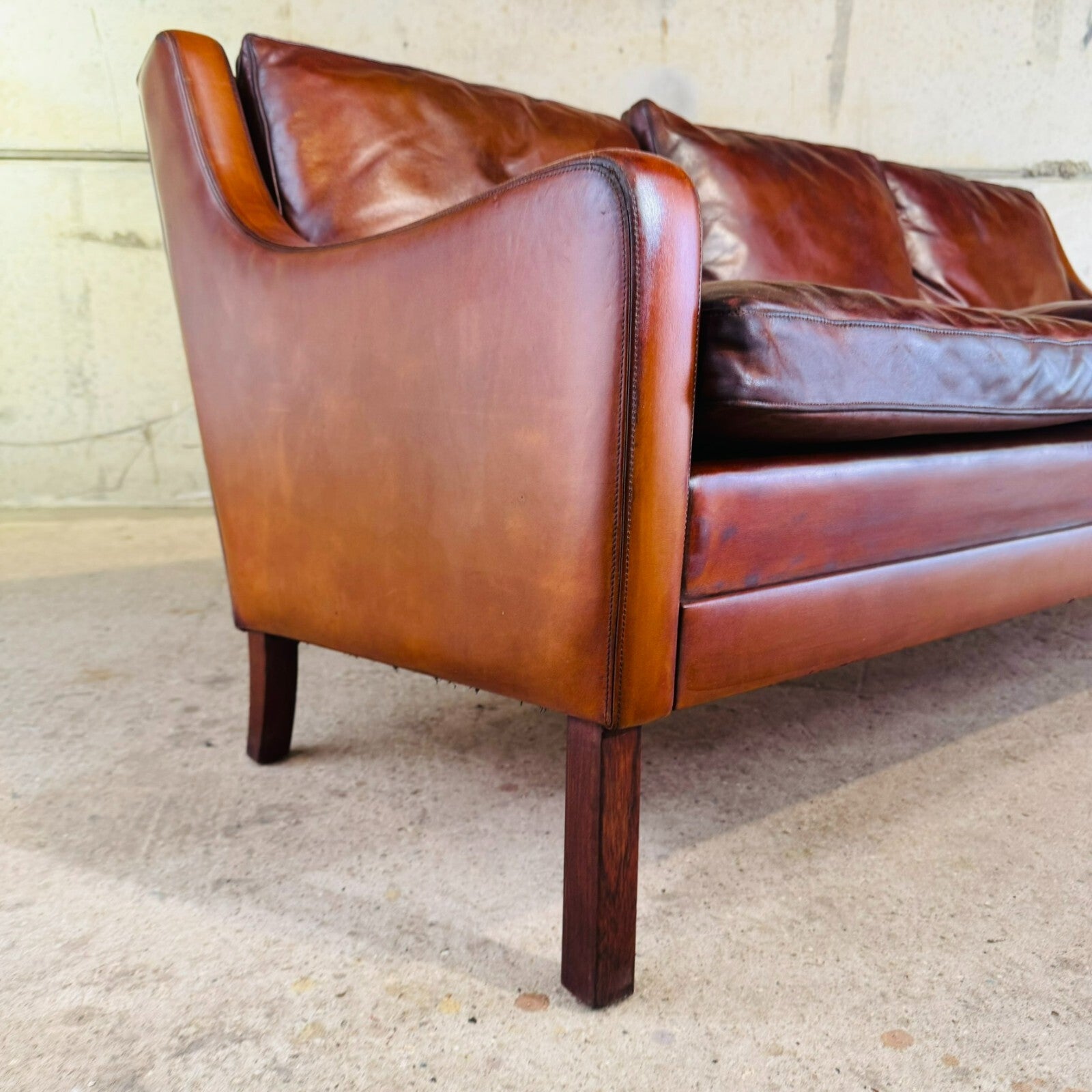 Elegant Vintage Danish 1970s Mogens Hansen Three-Seater Tan Leather Sofa