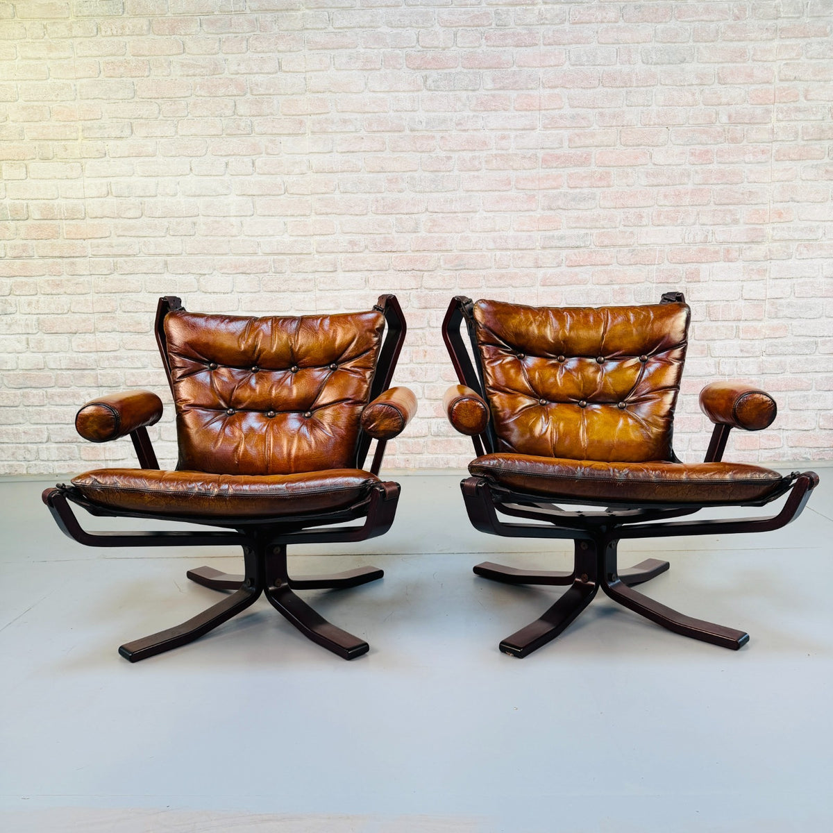 Pair Vintage 1970s Sigurd Ressel Falcon Chairs Tan Leather Norwegian Design