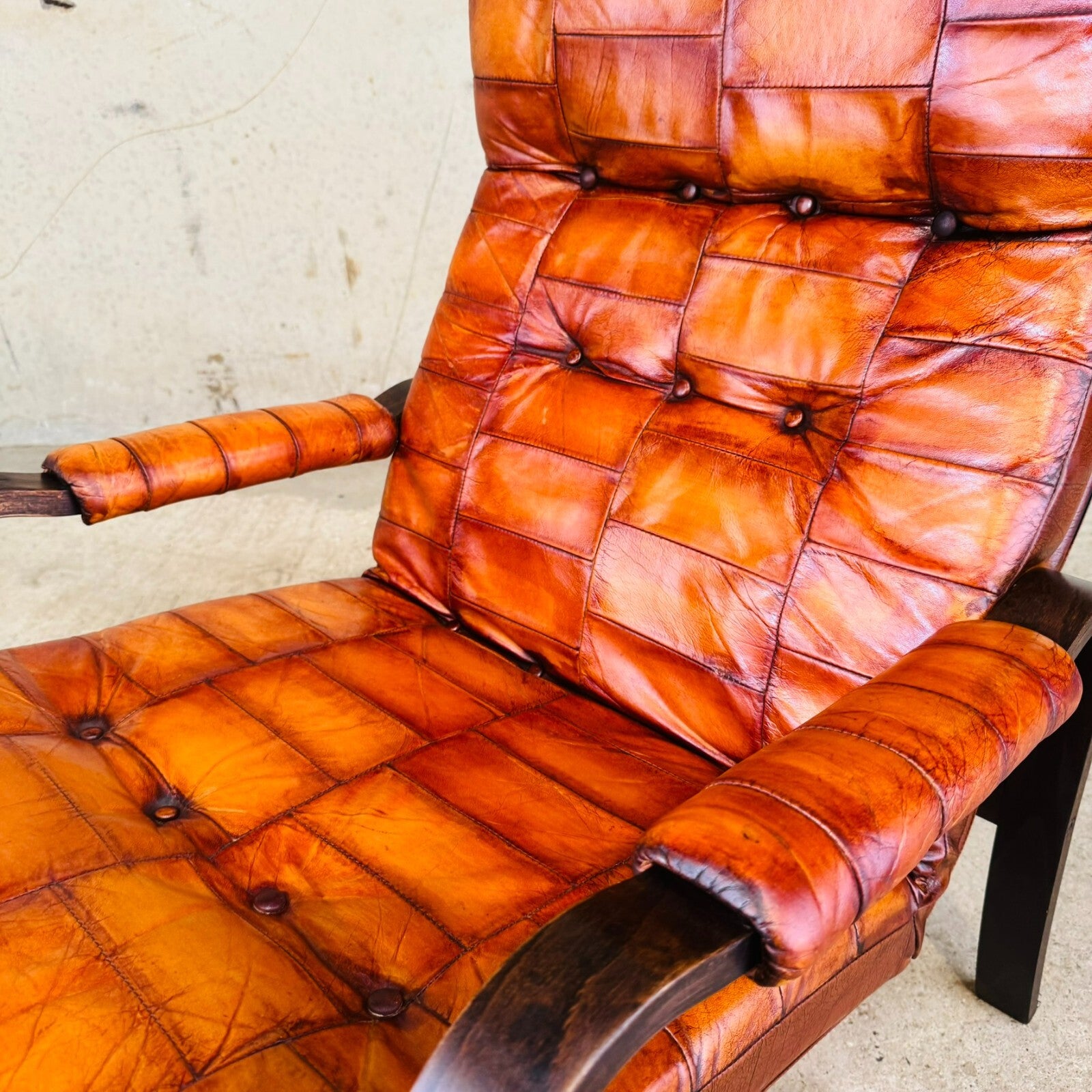 Pair of 1970s Danish Vintage Patchwork Tan Leather Bentwood Chairs
