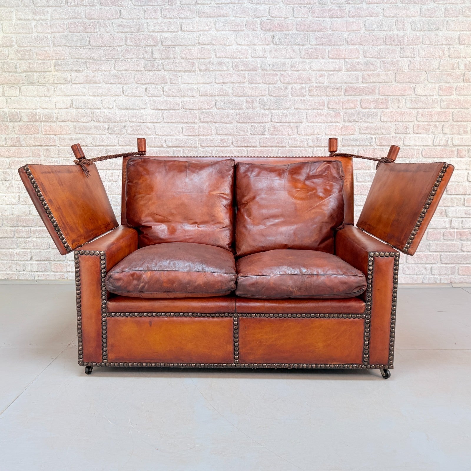 Vintage 1930s Knole Drop End Tan Leather Sofa & Armchairs Suite Antique
