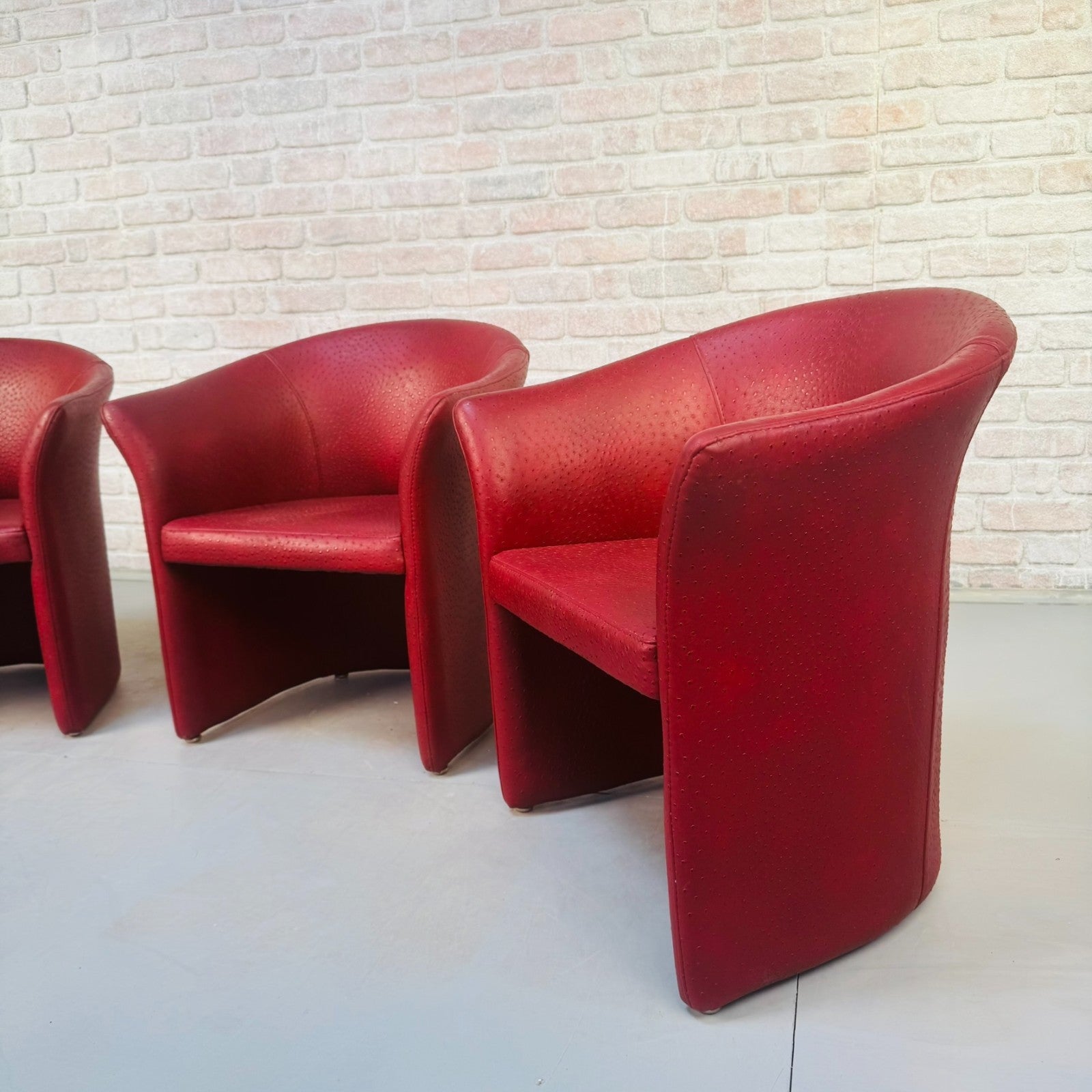 Set of Vintage Italian Red Faux Ostrich Leather Tub Chairs