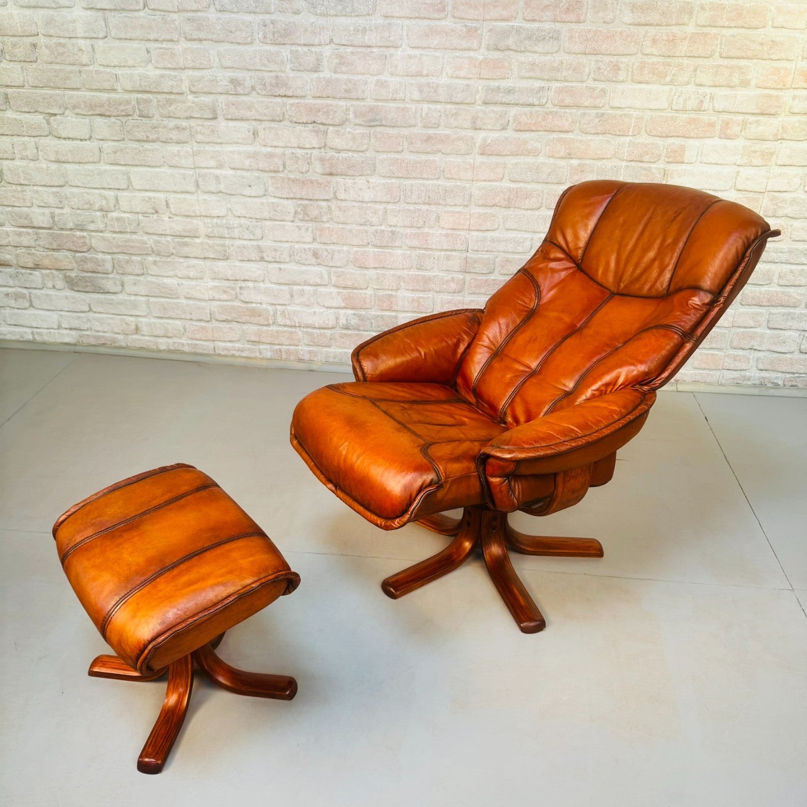 Vintage Danish Reclining Swivel Chair & Footstool | Hand Dyed Tan Leather