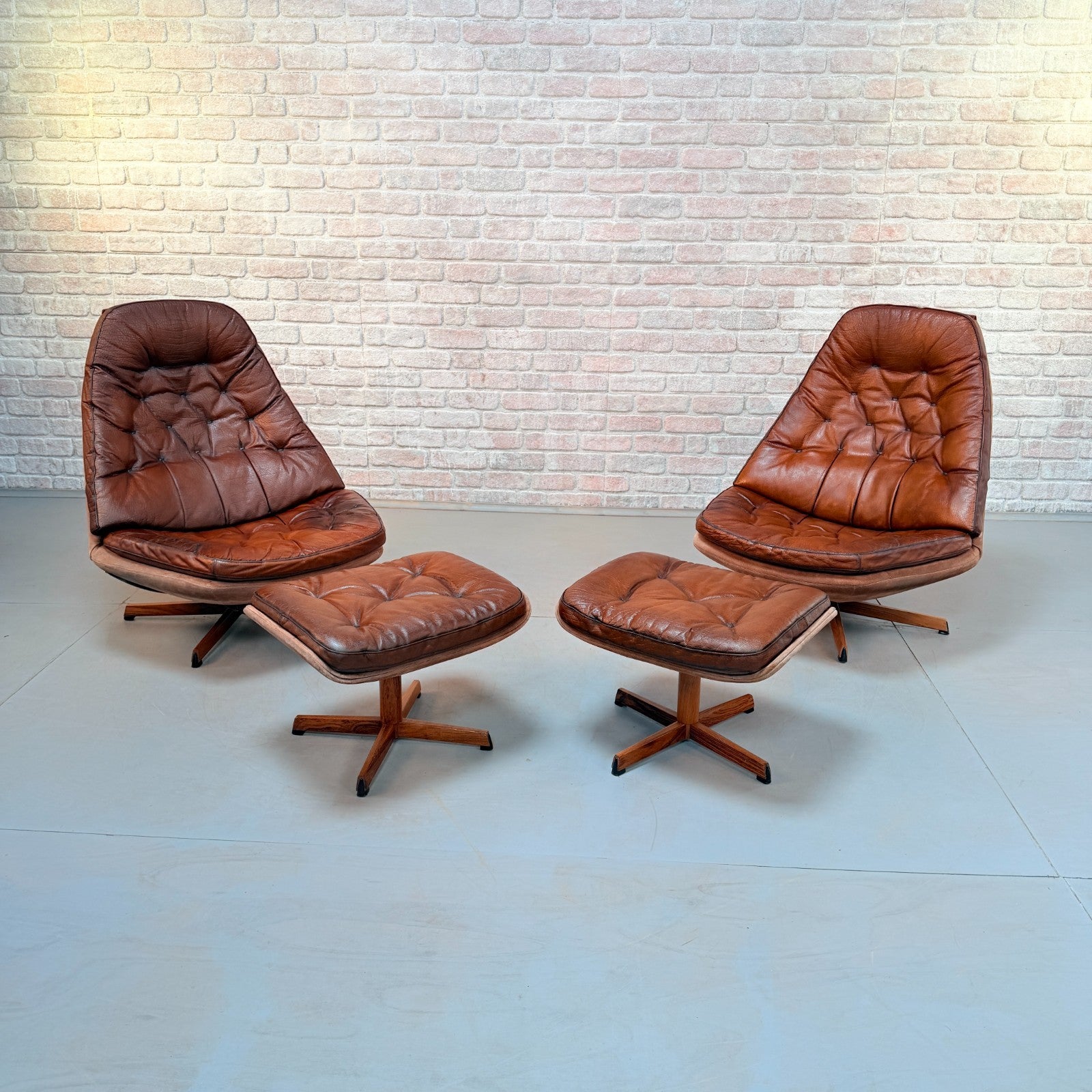 1960s Pair of Madsen & Schubell MS68 Cognac Leather Lounge Chairs & Footstools