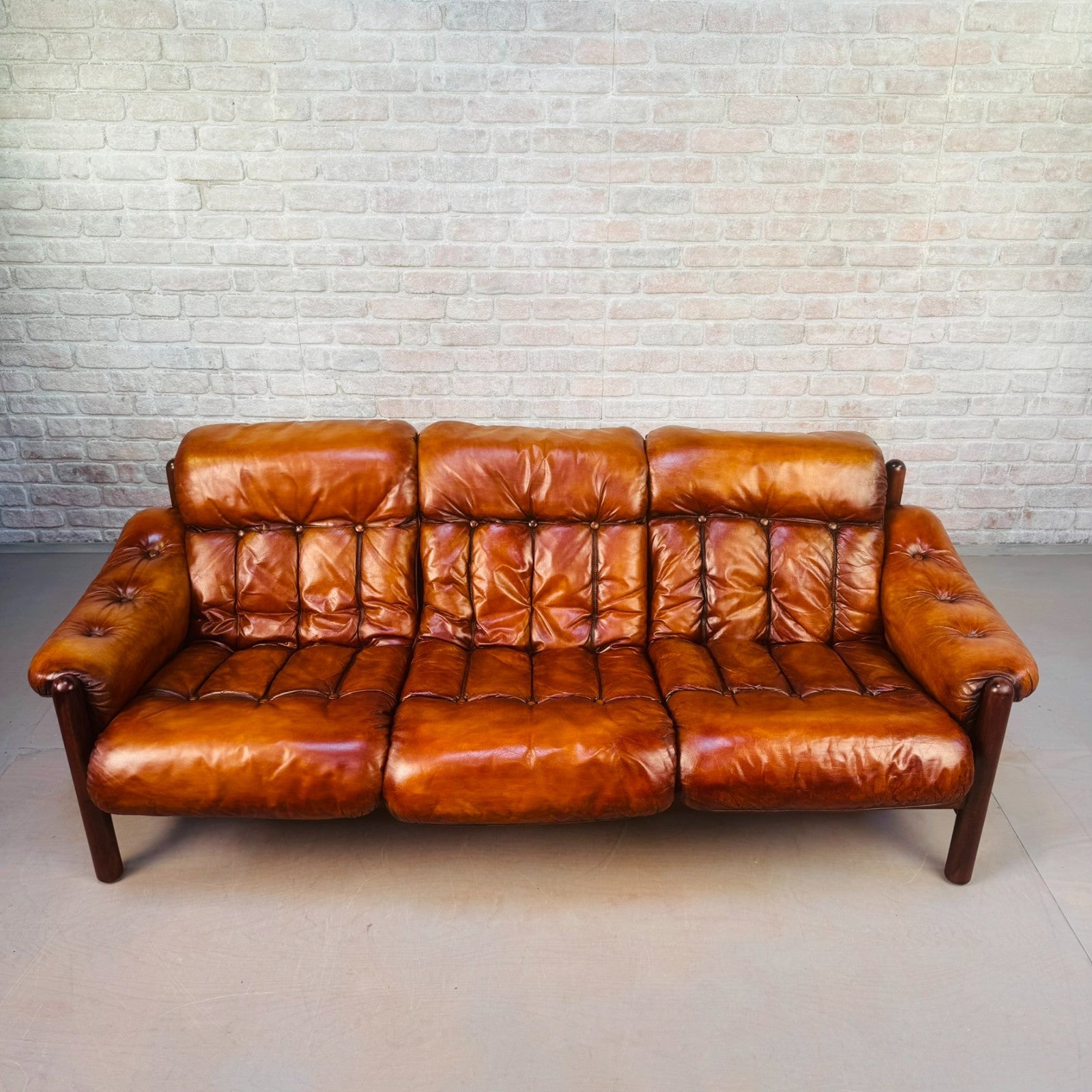 Long Vintage Swedish Tan Leather Three Seater Sofa