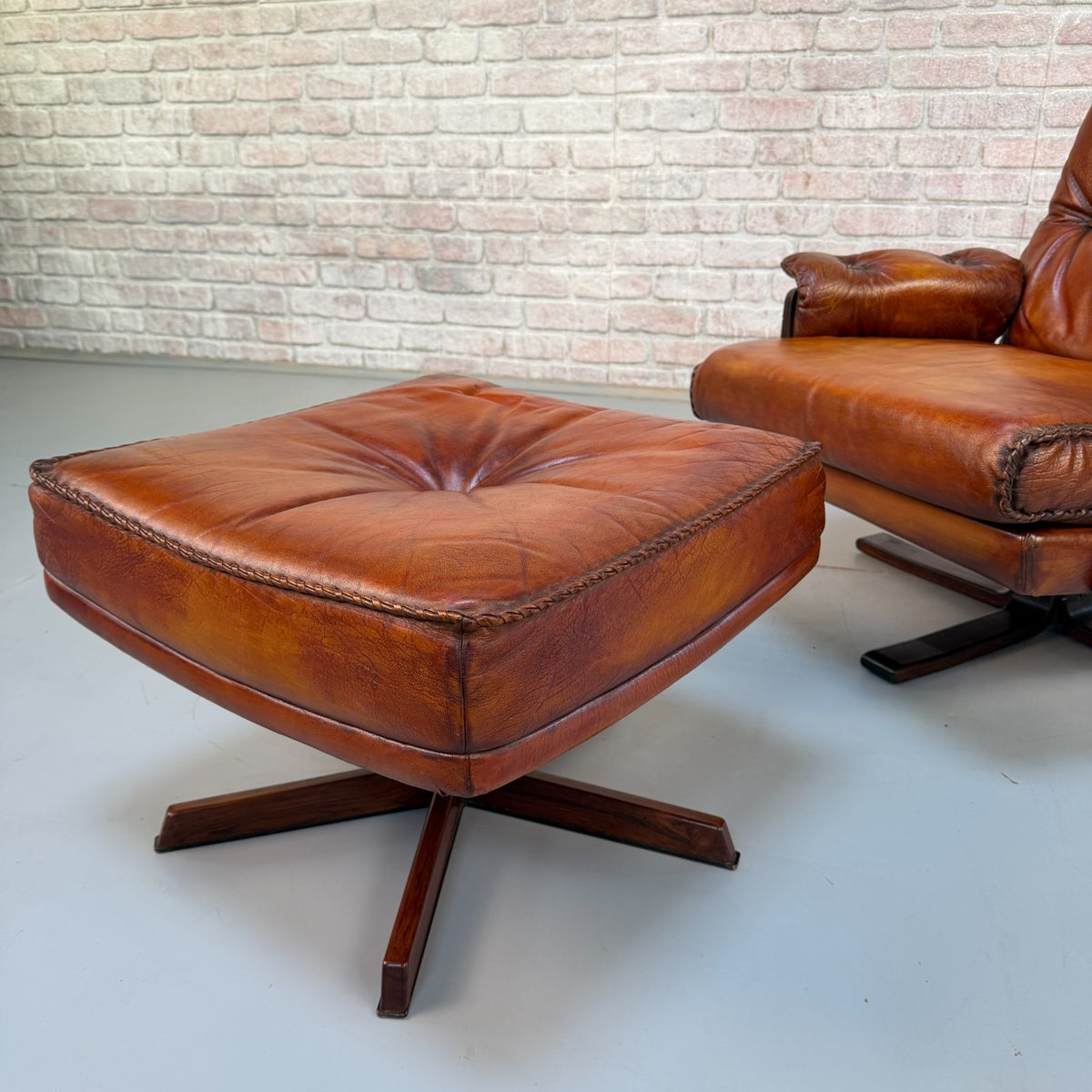 Vintage 1970s Arne Norell Swedish Tan Leather Swivel Chair & Footstool