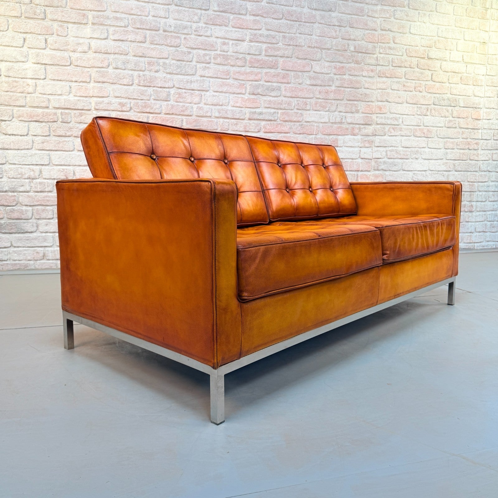 Vintage Florence Knoll Style Tan Leather Two Seater Sofa