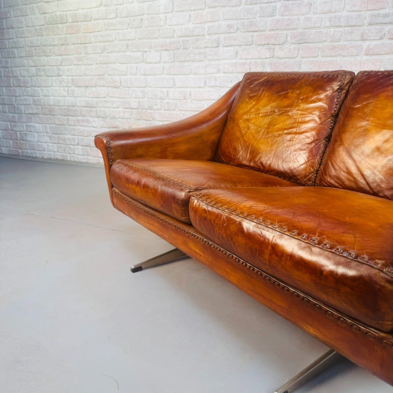 Vintage 60s Aage Christiansen "Matador" Tan Leather 2 Seater Sofa & Chair