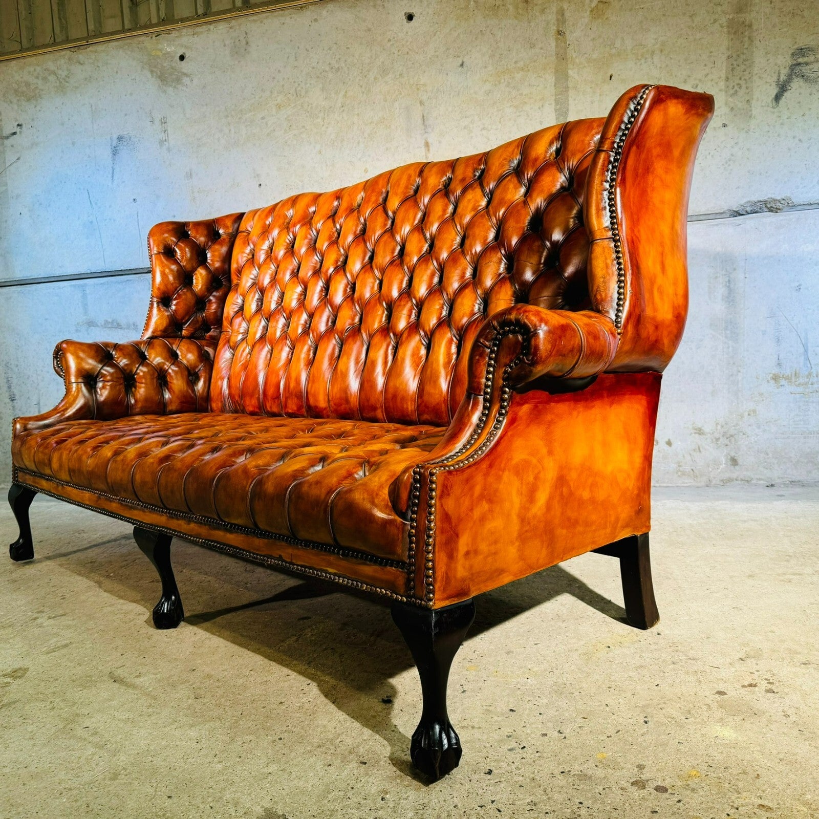 Beautiful Three Seater 19th C Tan Leather Chesterfield Sofa Fully Buttoned