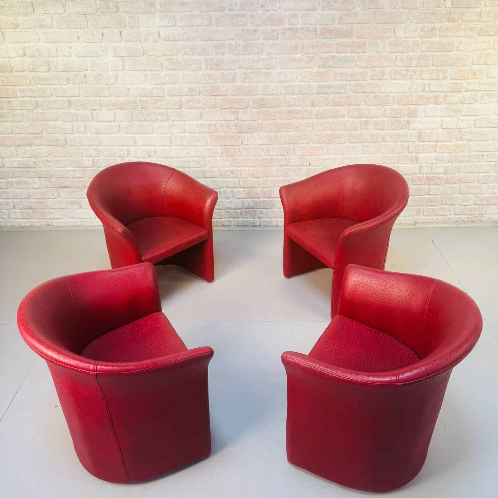 Set of Vintage Italian Red Faux Ostrich Leather Tub Chairs